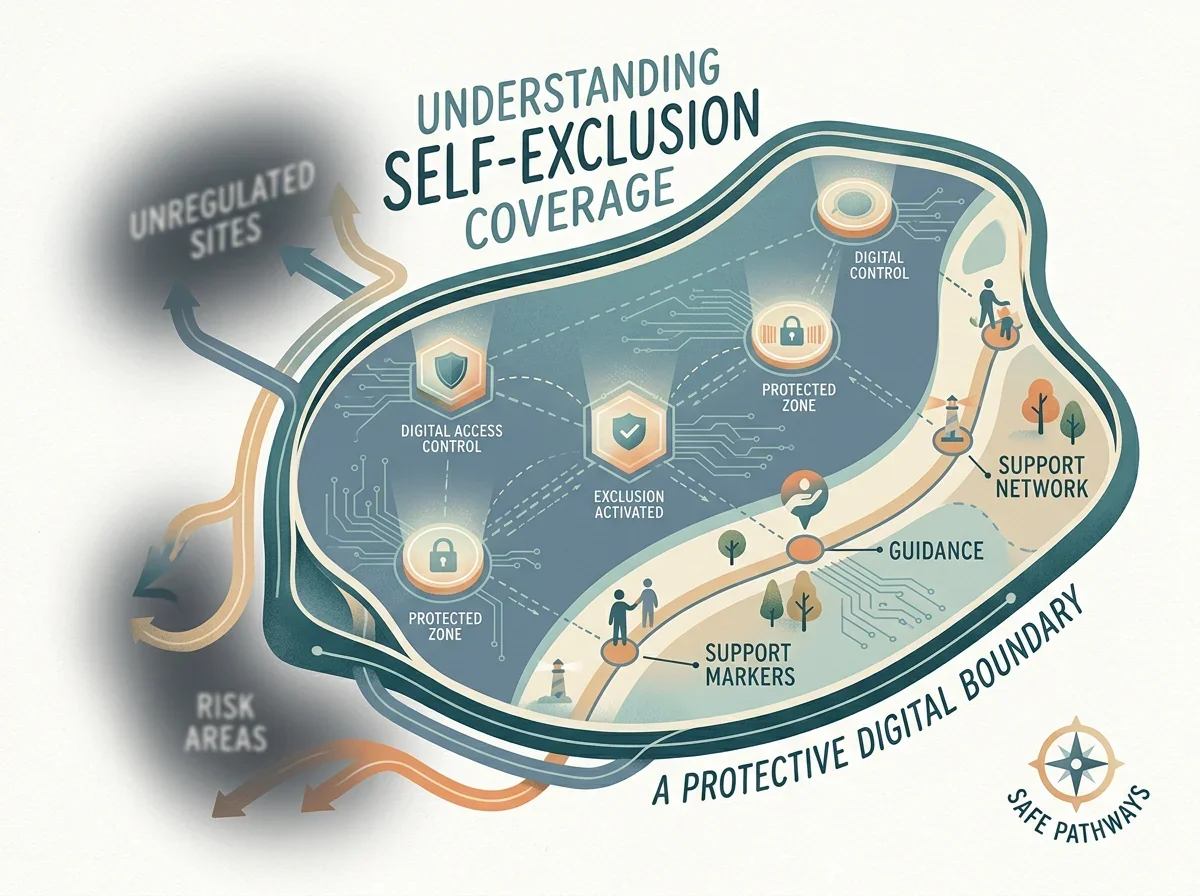 An abstract map of online self-exclusion coverage with protective checkpoints and support markers