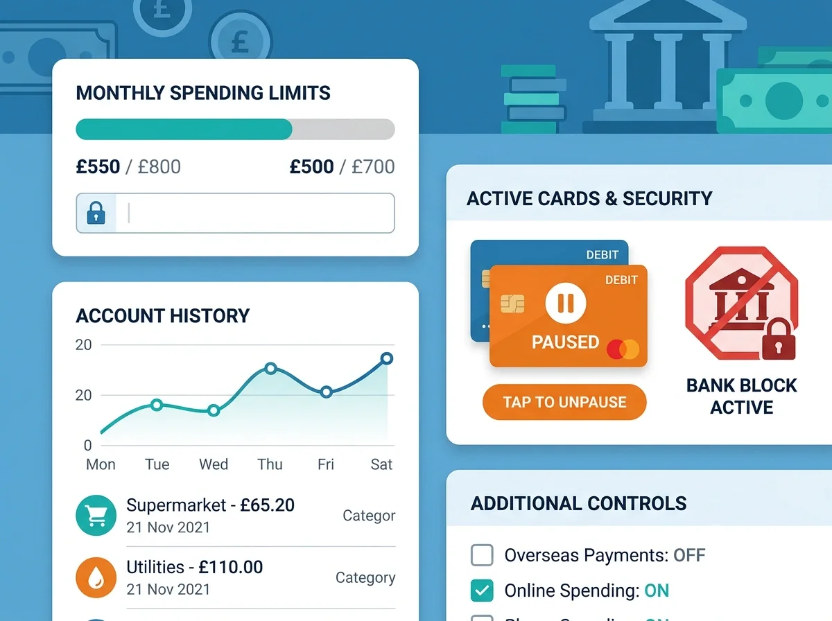 A simple payment-control dashboard with limit settings, transaction history and a paused card