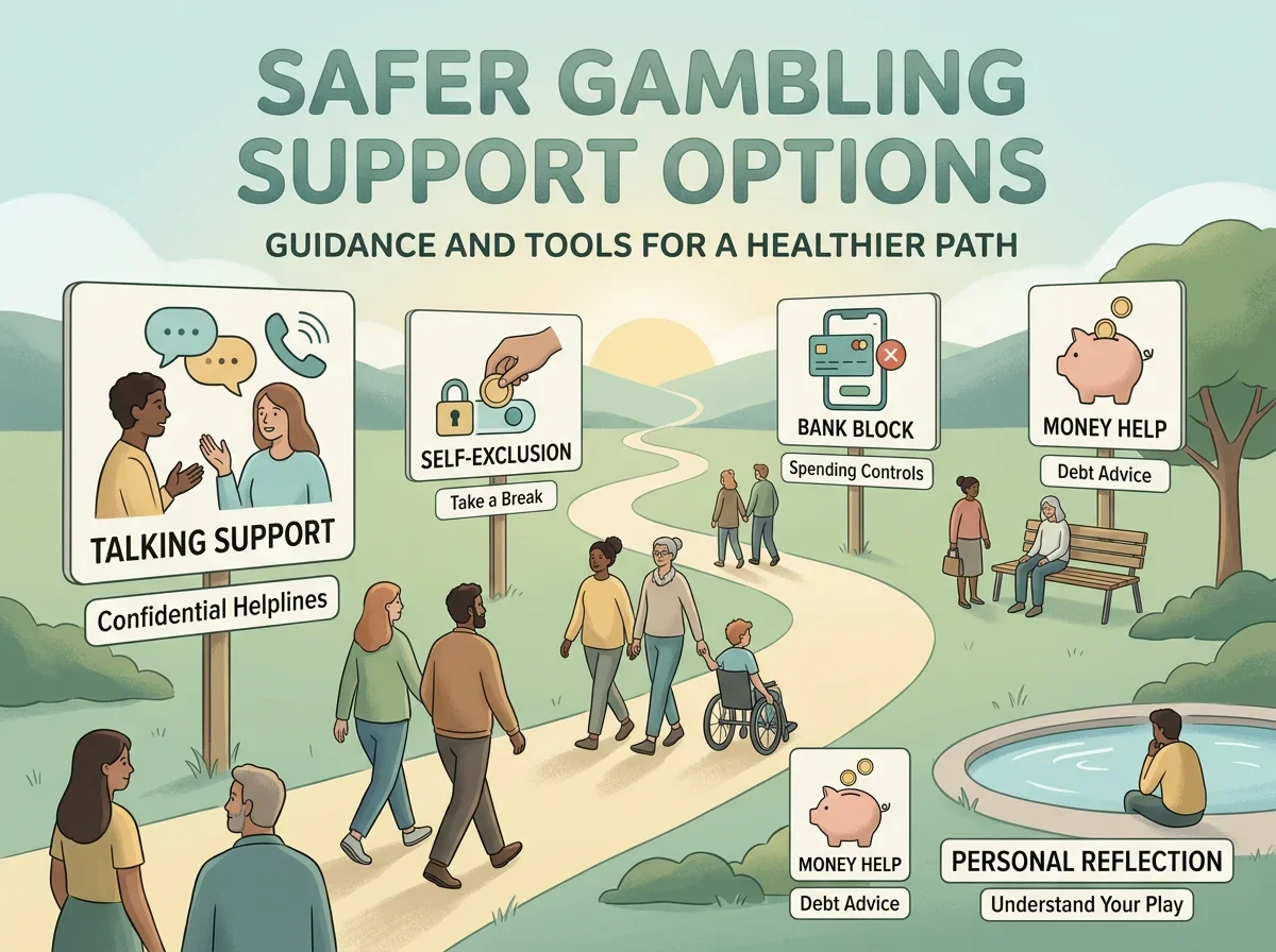 A calm support pathway showing helpline, bank block, self-exclusion and money help options