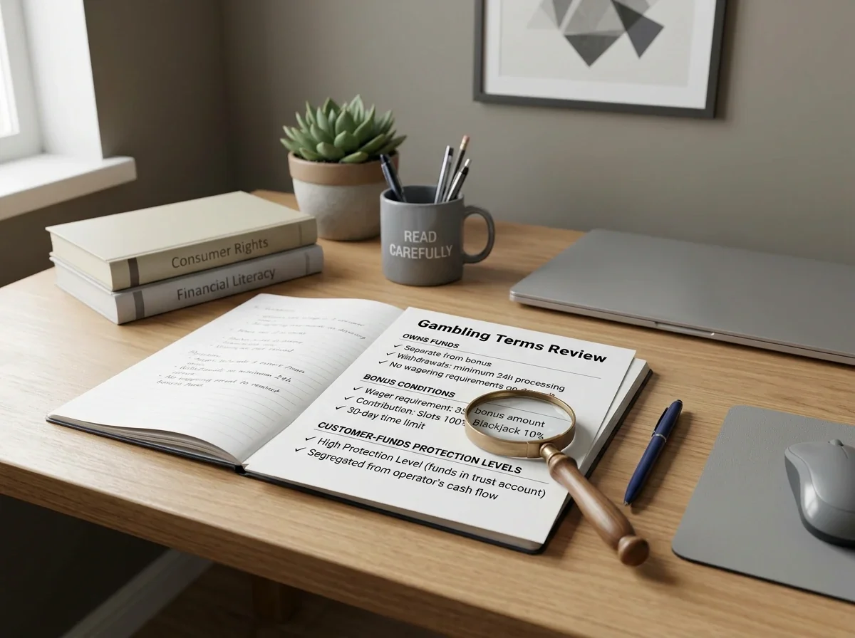 A clear comparison of bonus rules, own funds and customer-funds protection on a printed checklist