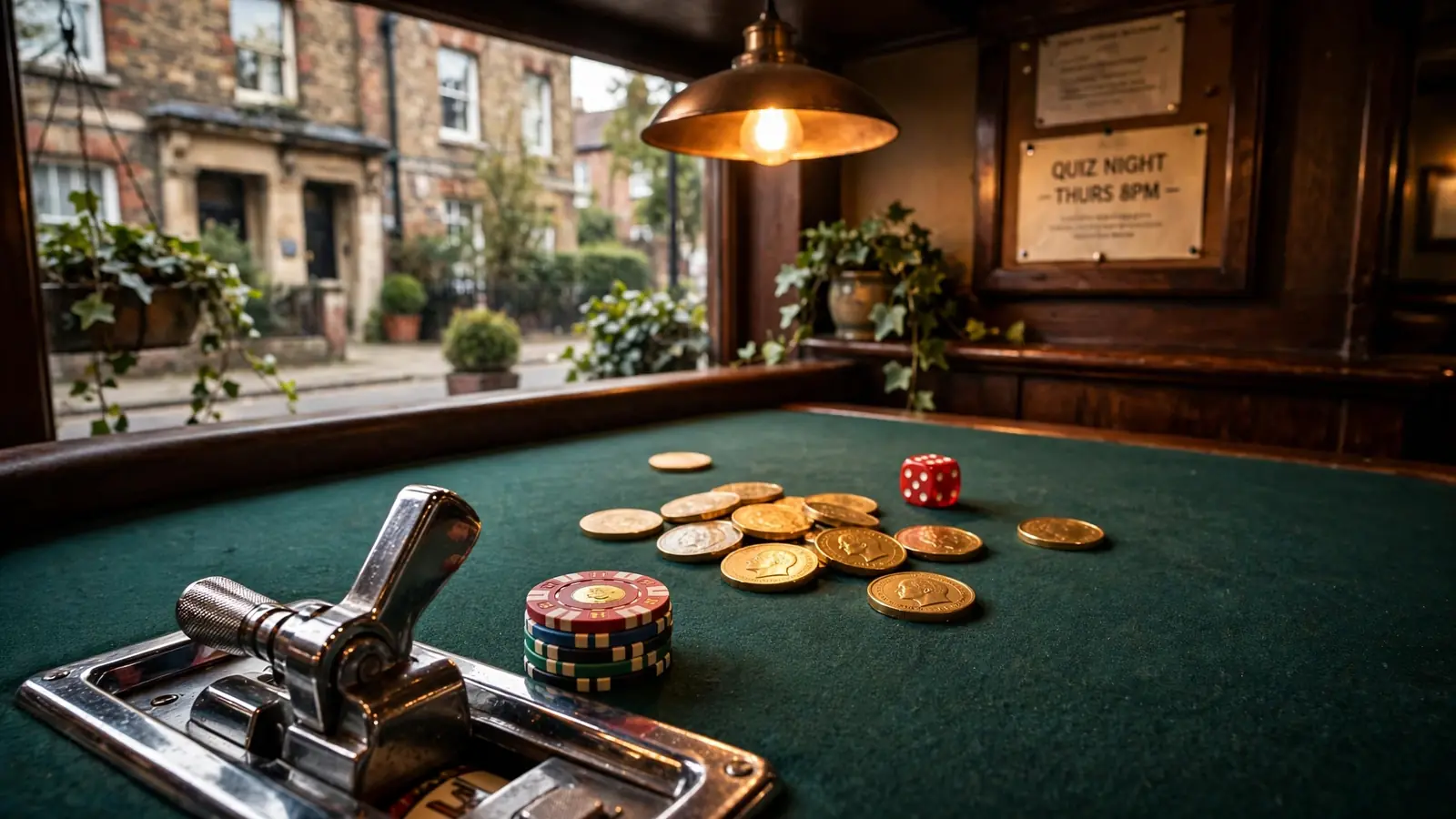 Gold coins, red dice and casino chips on green felt table under warm lamp light