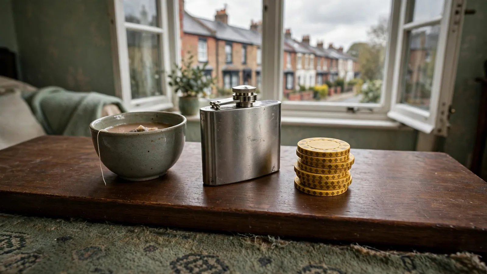 Casino chips on a British living room table near a teacup and hip flask.