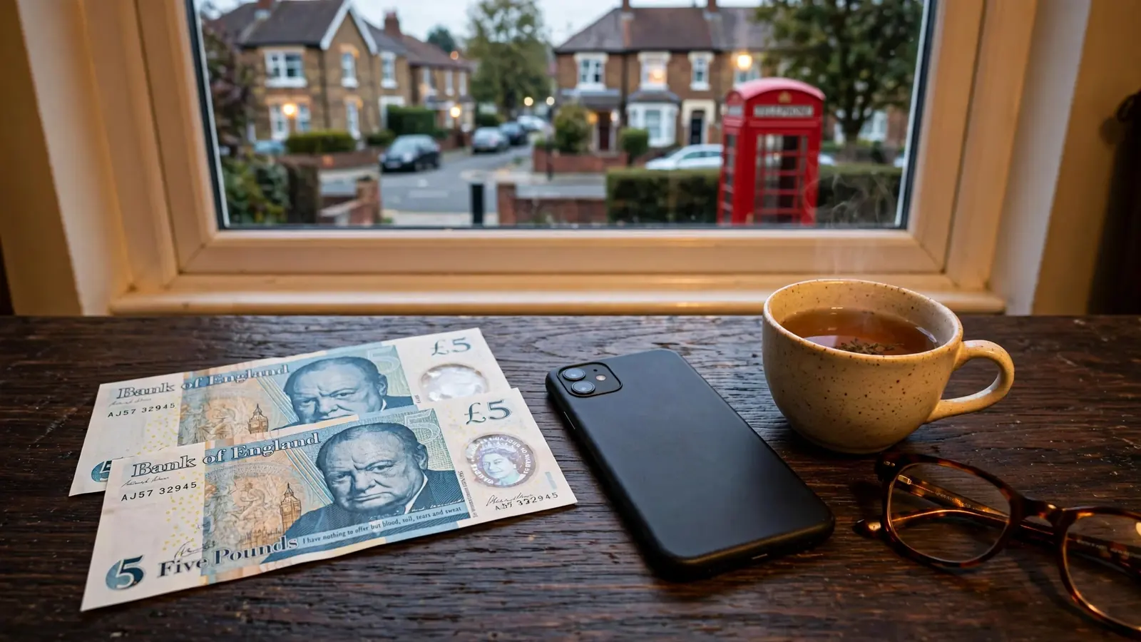 British five-pound notes, a smartphone, and a cup of tea on a wooden table near a window.