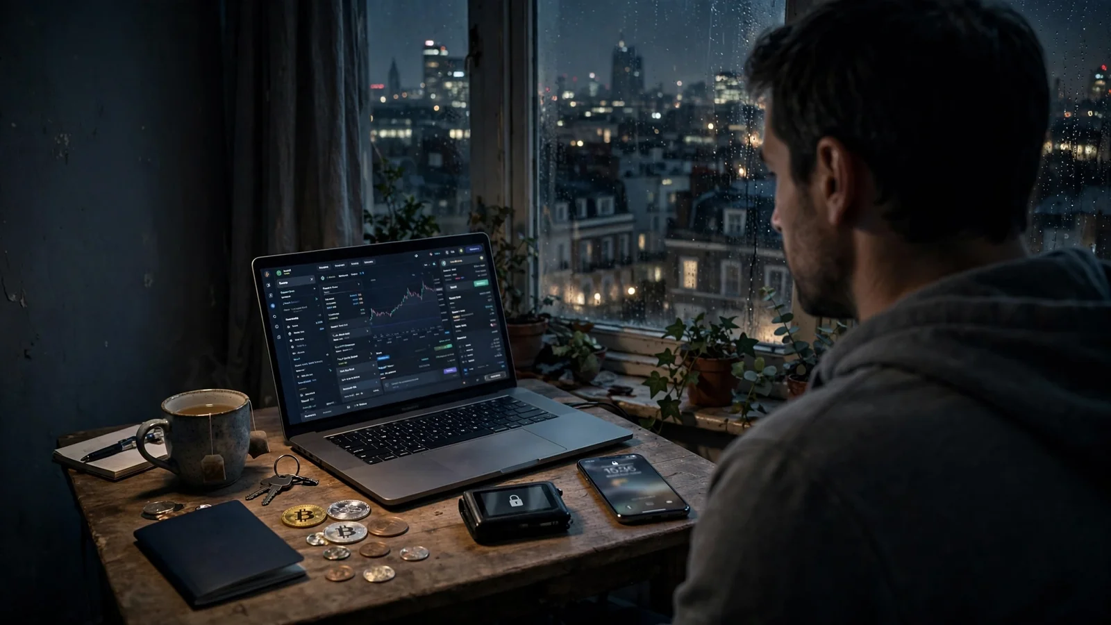 Anonymous crypto casino user at home in the UK with wallet and locked devices