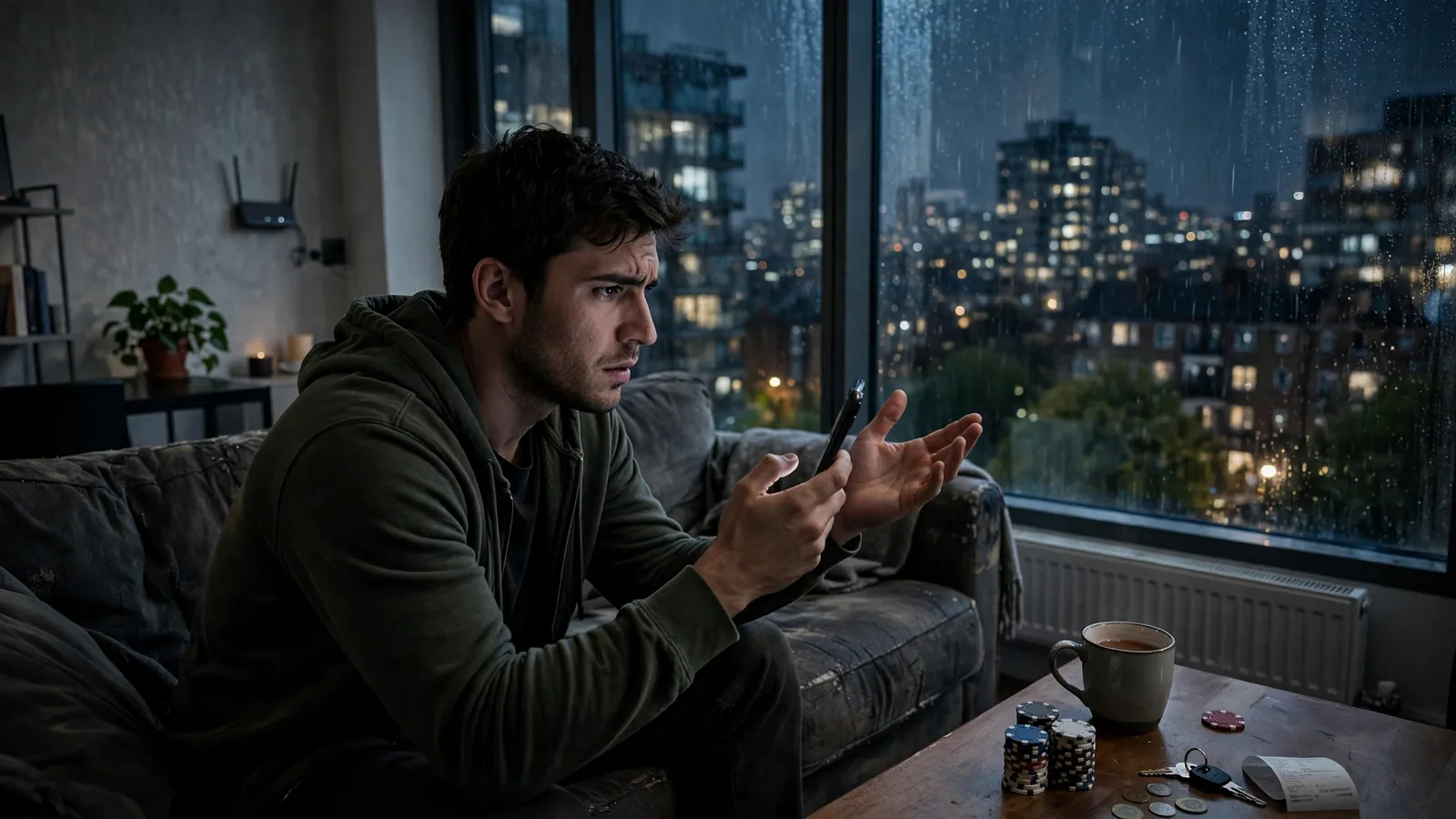 Young man in UK apartment holding phone with poker chips on table