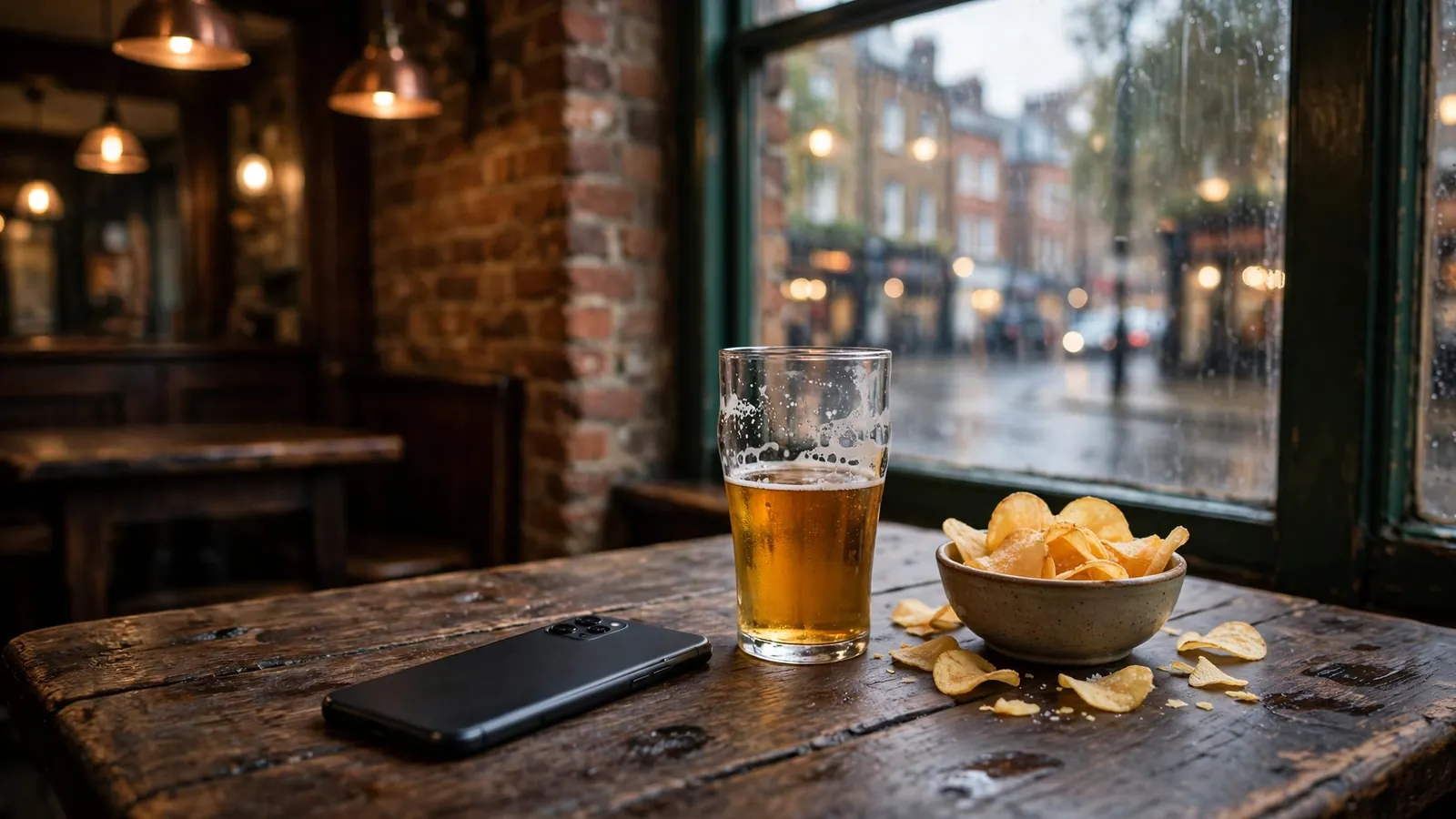 Smartphone face-down on a pub table with a pint of ale in a British pub.