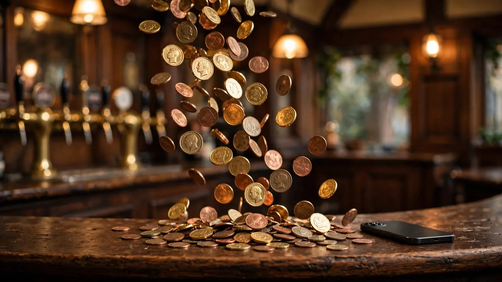 Gold coins cascading onto a traditional British pub bar counter
