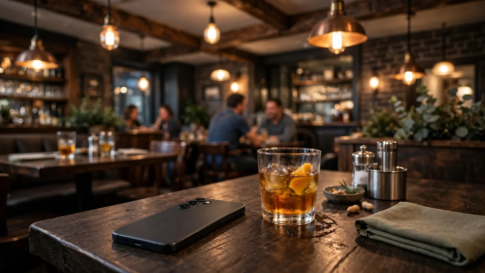 Smartphone face-down on a pub table in a modern British setting