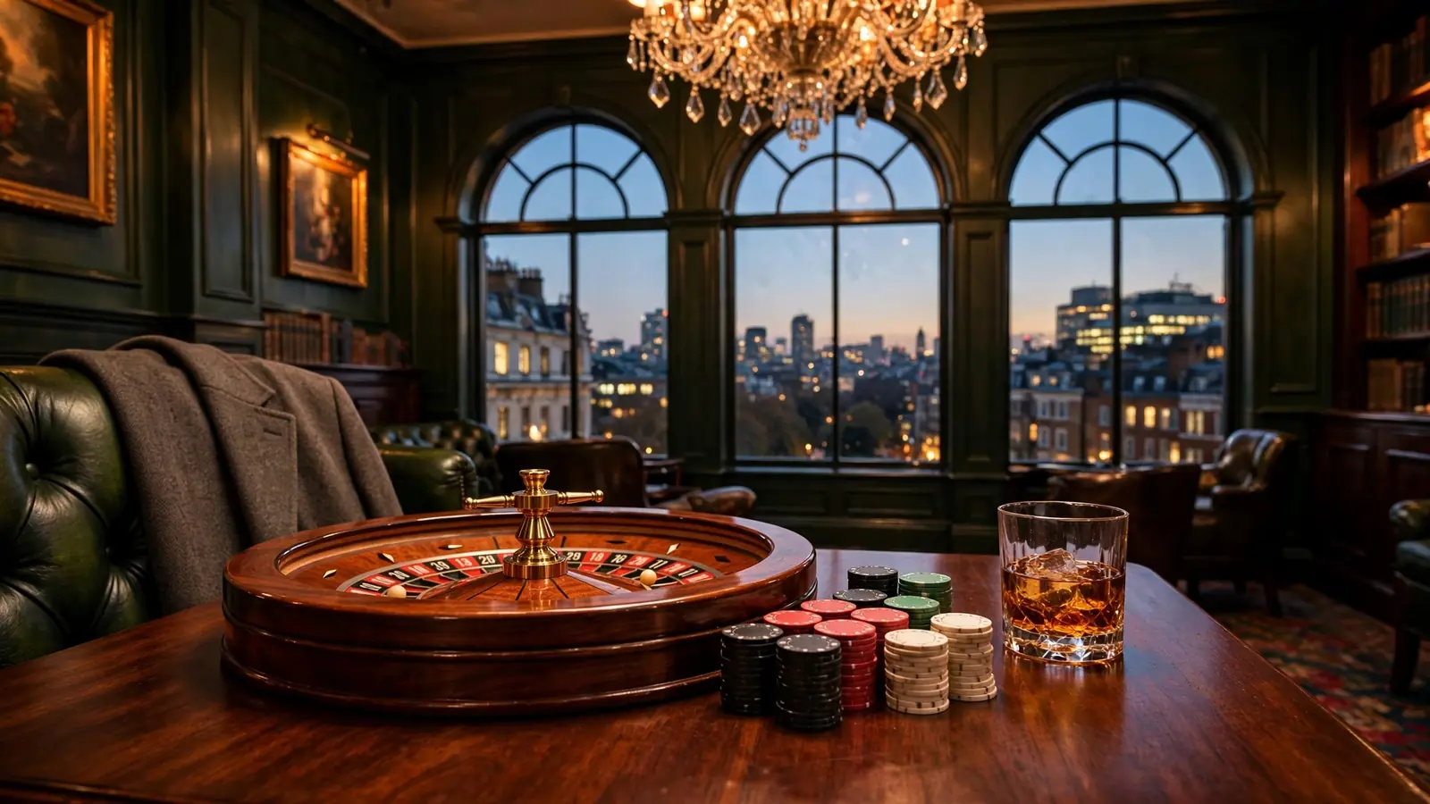 Elegant London members club interior with roulette wheel, stacked chips, whiskey, and evening skyline view through arched windows.