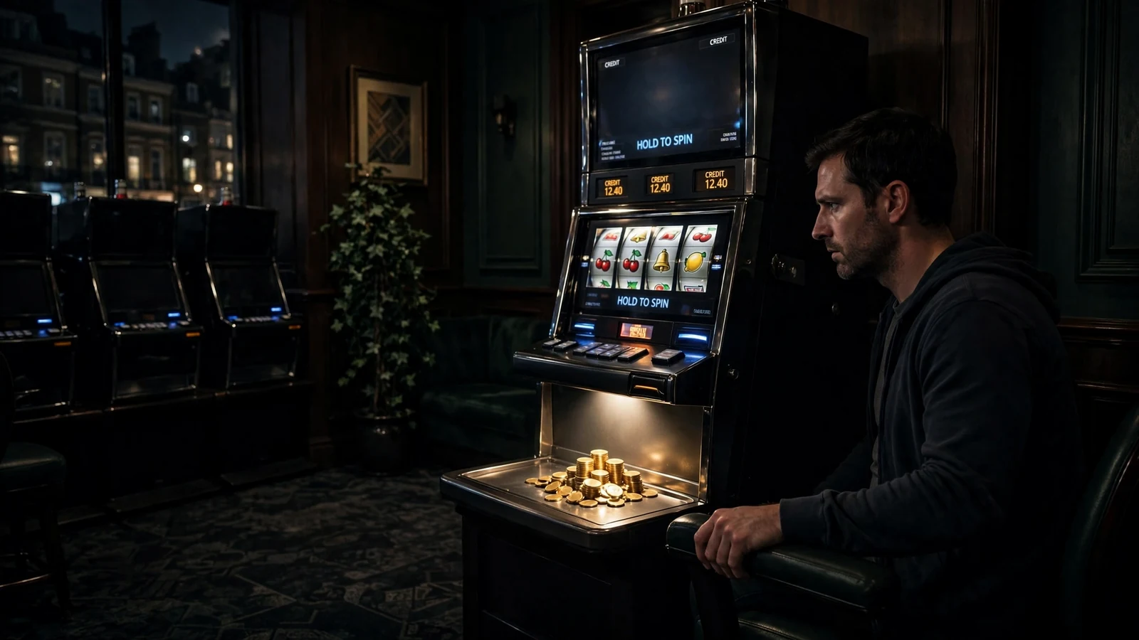 Tense player at a slot machine in a dark UK casino, spotlight on gold coins.
