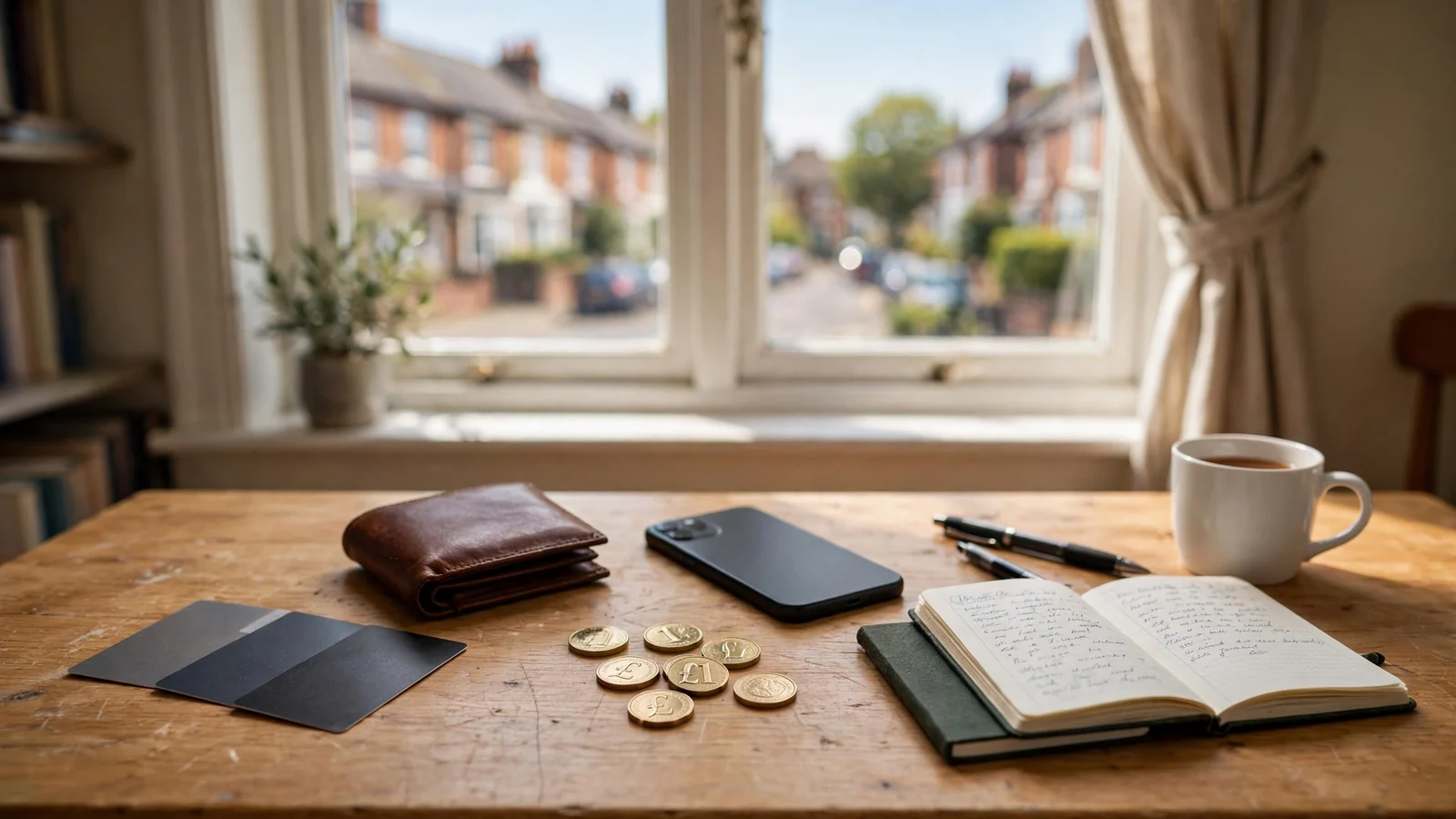 UK home desk with payment cards, wallet, smartphone, coins, notebook and a mug of tea.