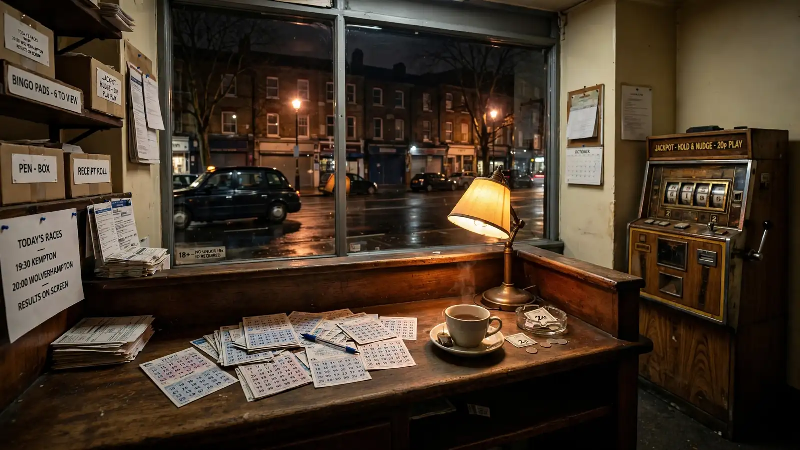 British bookmaker shop interior with a slot cabinet at night