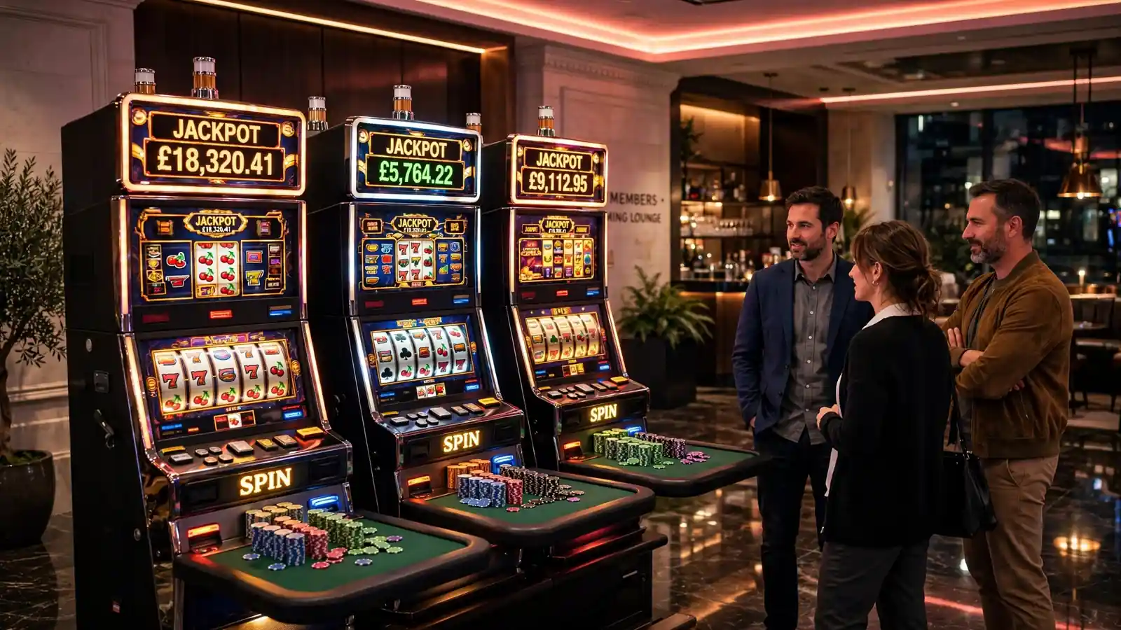 Modern slot machines inside a UK casino with jackpot counters and casino chips on the trays