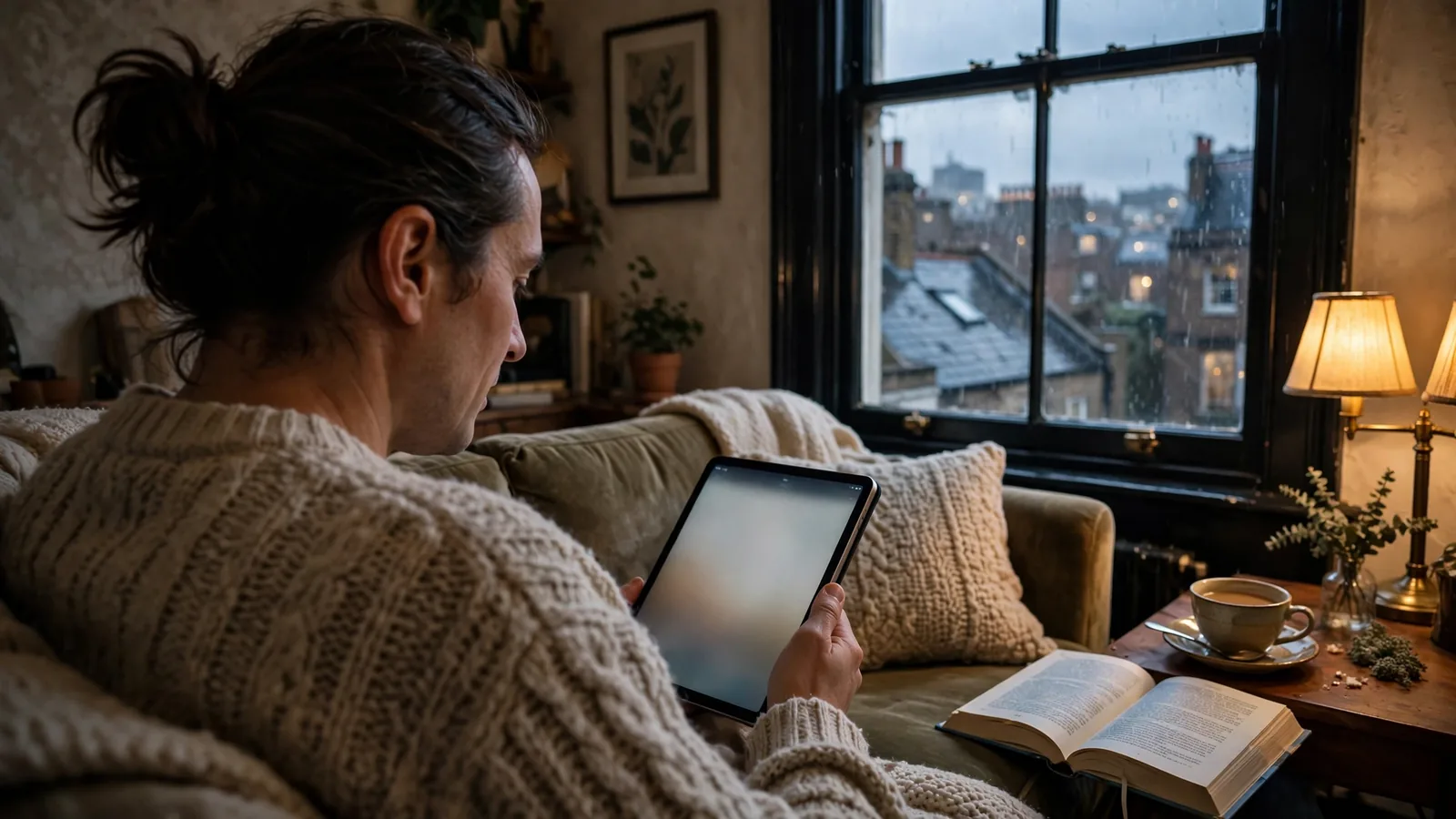 Person relaxing in a London flat at dusk with a tablet, teacup, and book.
