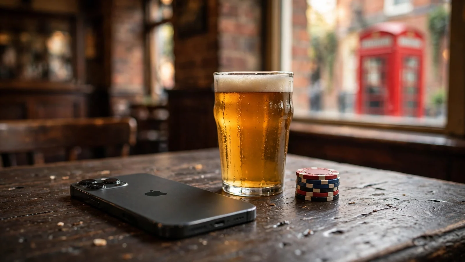 Smartphone on a British pub table with poker chips and a pint of ale.