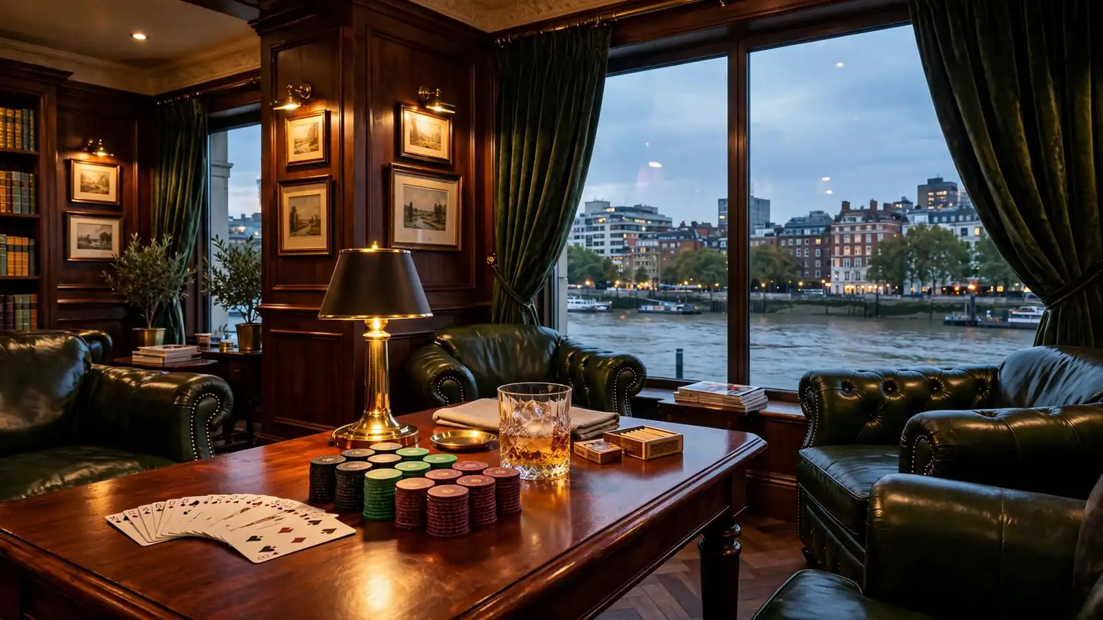 Private London gaming lounge with leather seating, cards and chips on a mahogany table at dusk.