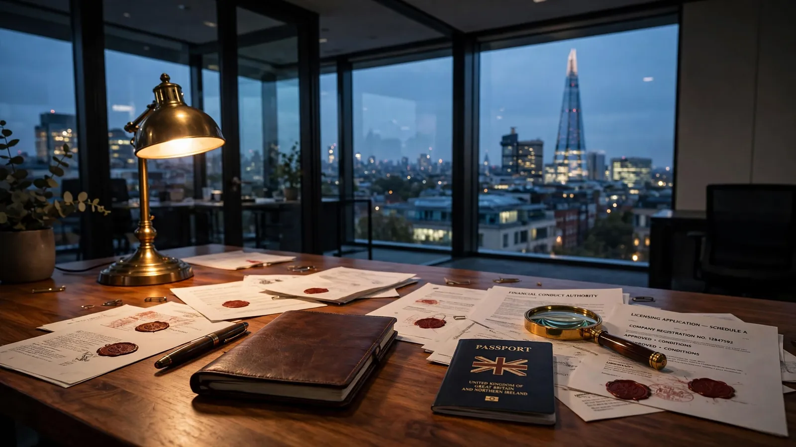London office desk with regulatory documents, passport, and magnifying glass at dusk.