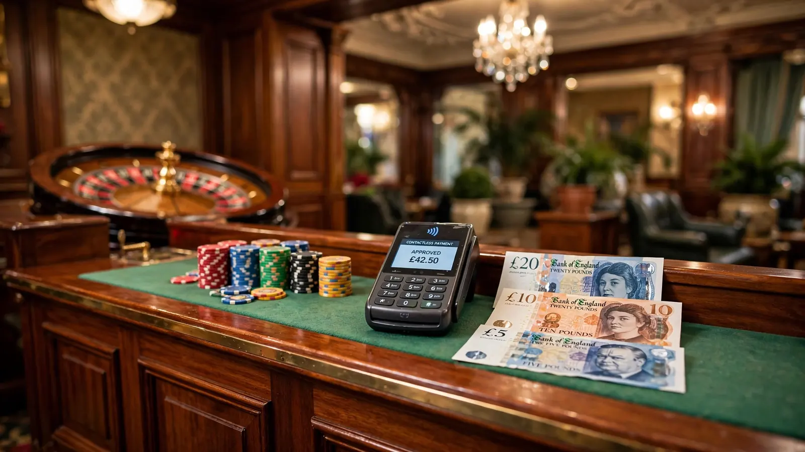 Casino cashier counter with chip stacks, payment terminal and British pound notes in a UK gambling hall.