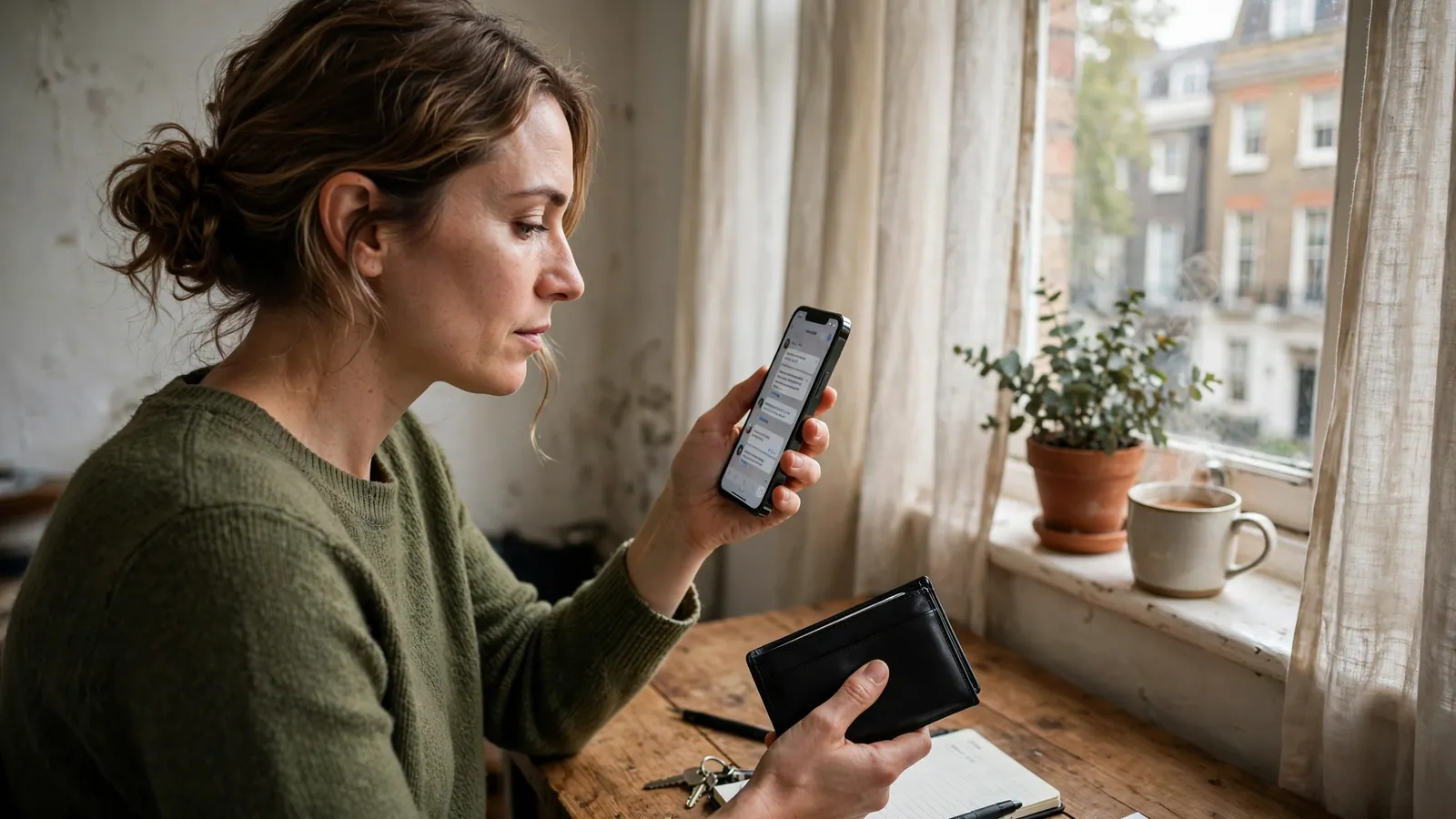 Person in a London flat using a smartphone with an e-wallet and a cup of tea