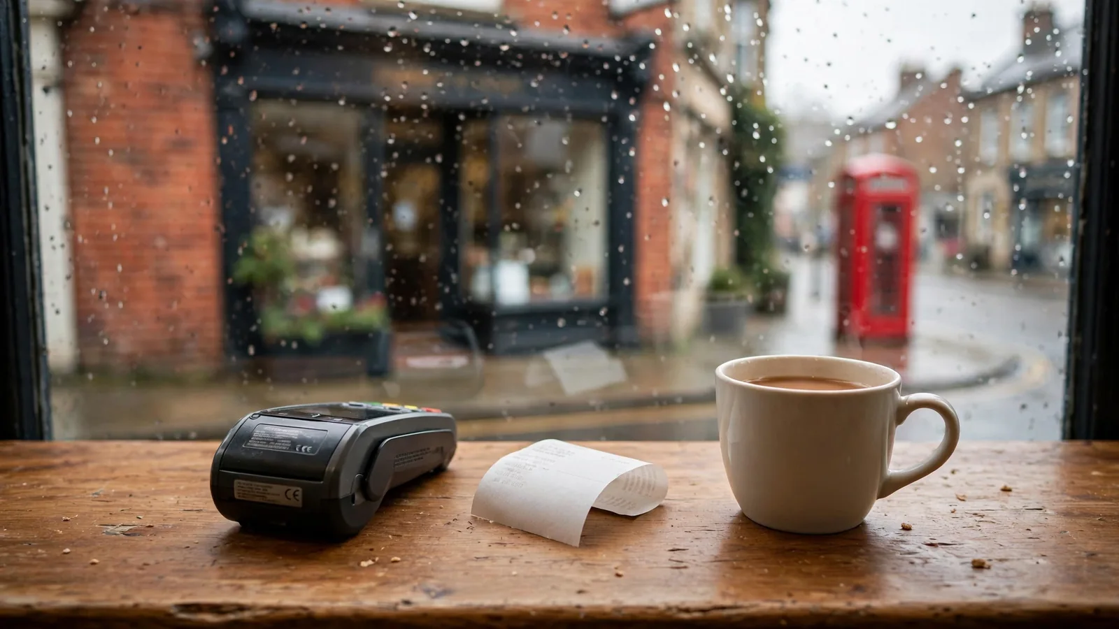 Idle payment terminal on a British café table near a window