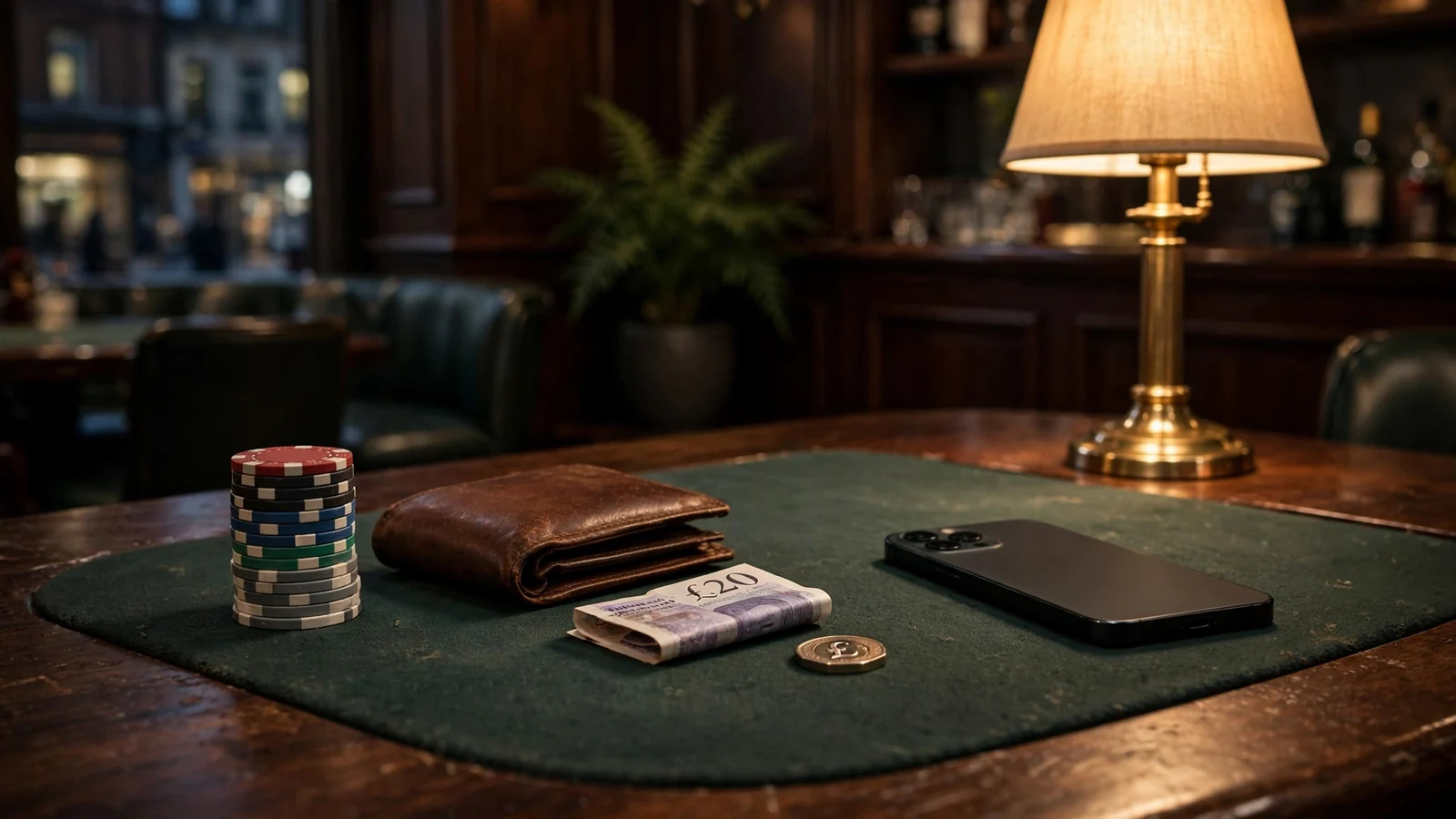Casino chips and a closed wallet on a dimly lit London lounge table.