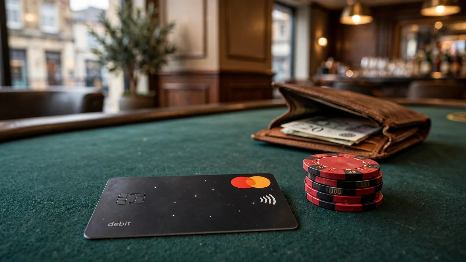 Mastercard debit card on a casino table with chips