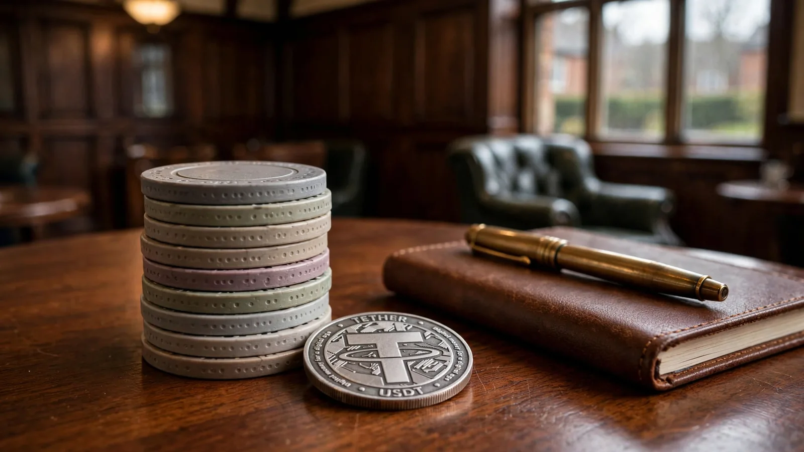 Casino chips, a cryptocurrency coin, and a notebook on a wooden table in a British lounge setting.