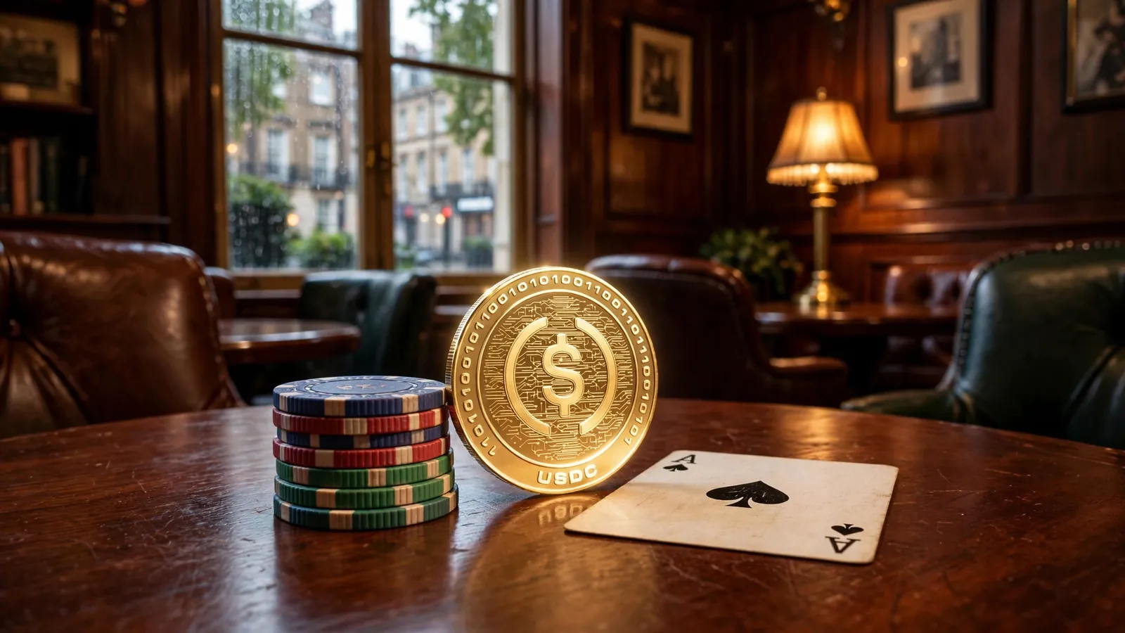Casino chips and a USDC coin on a wooden table in a London club.