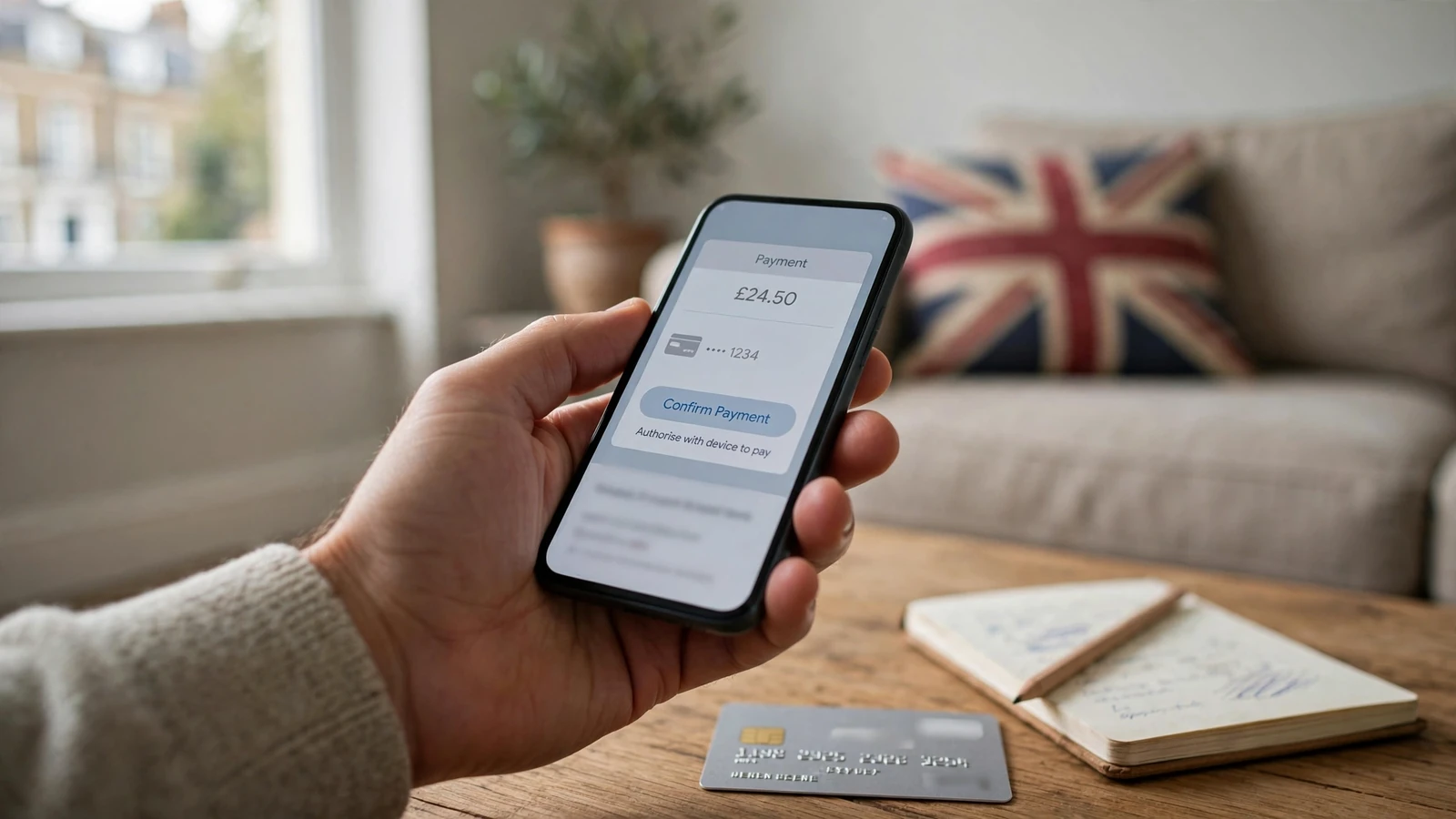 Hand holding a smartphone near a credit card in a British home, suggesting online payment options.