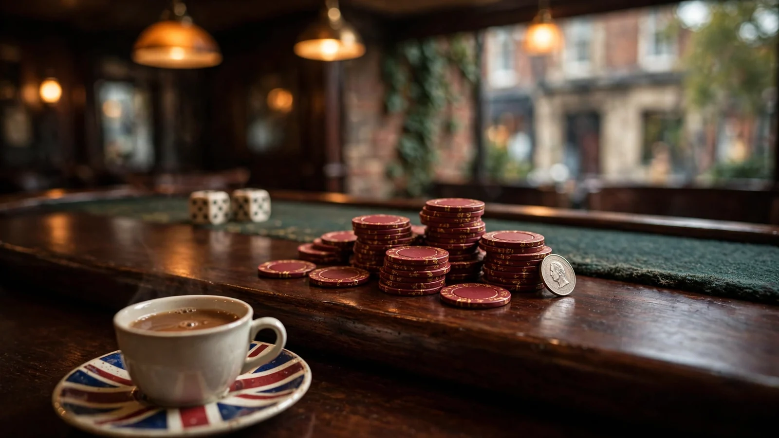 Casino chips, dice and a tea cup on a wooden table under warm light