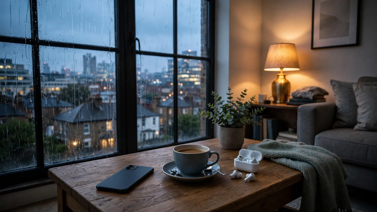 Face-down smartphone on a coffee table in a modern British flat at dusk.