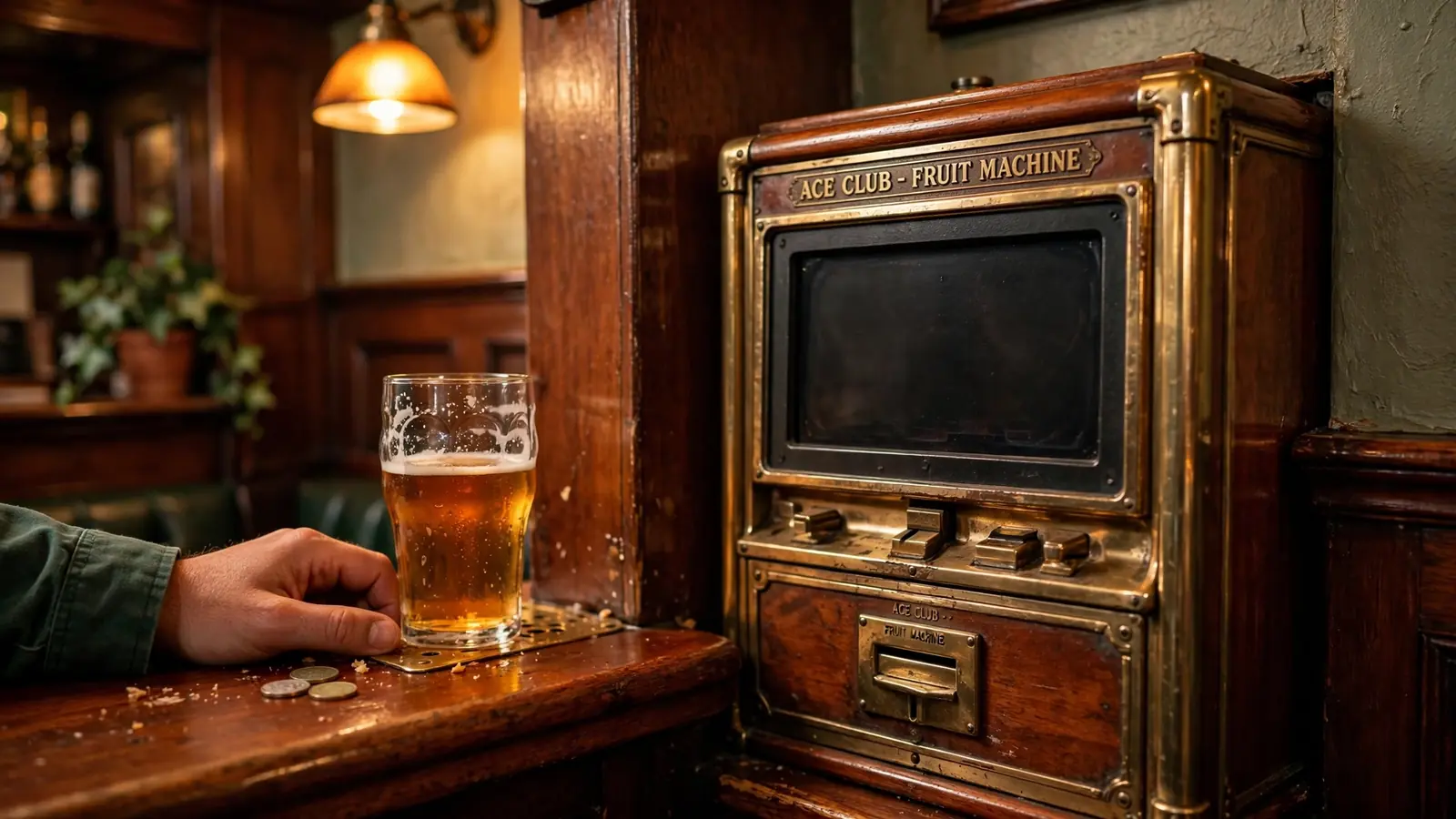 Vintage fruit machine in a traditional British pub corner beside a pint