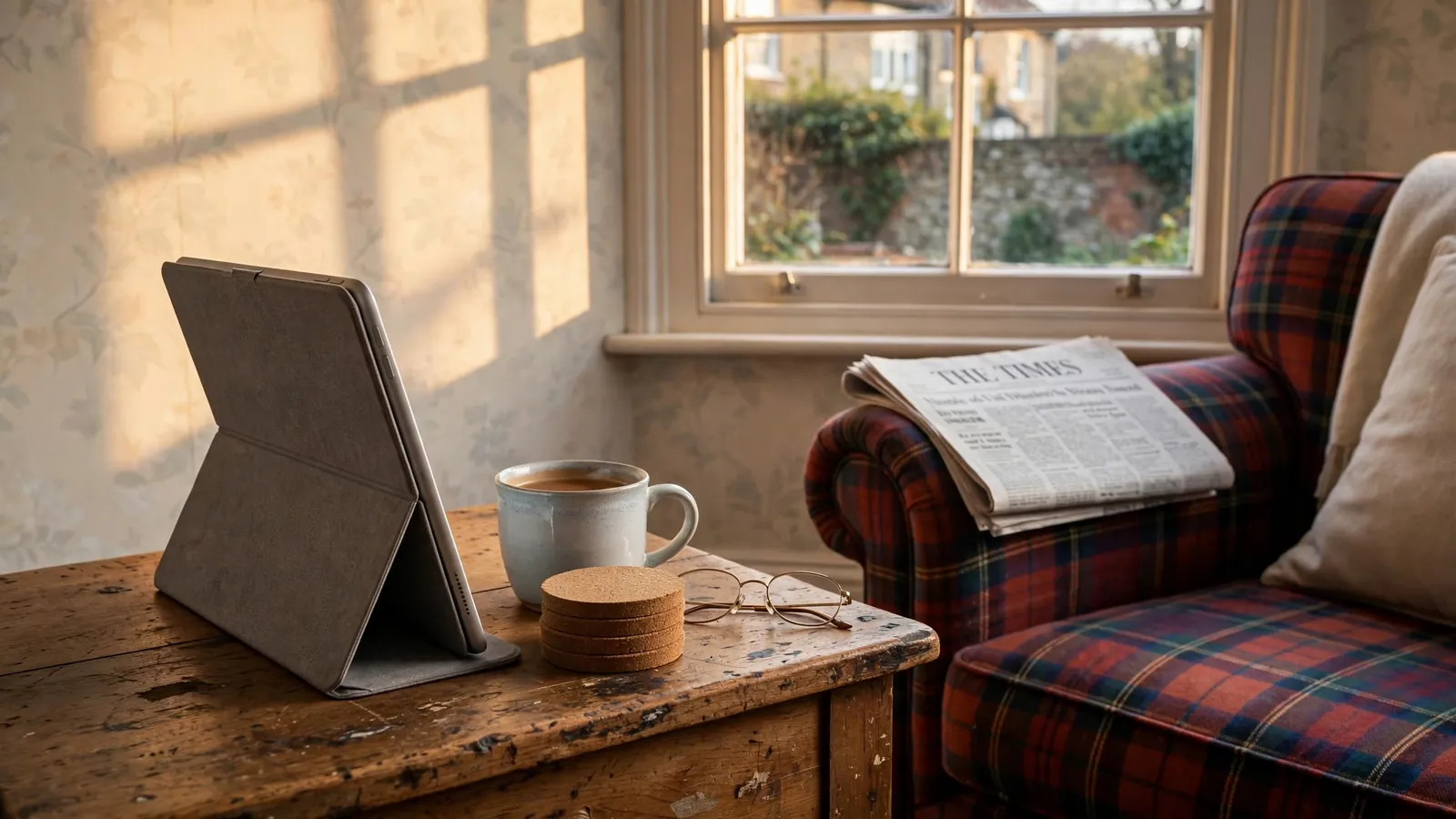 An iPad on a wooden table in a British living room, screen turned away, with tea and a newspaper nearby.