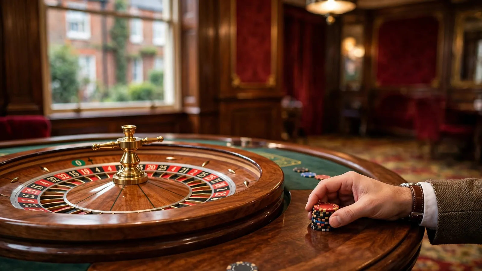 Roulette wheel on a casino table with chips