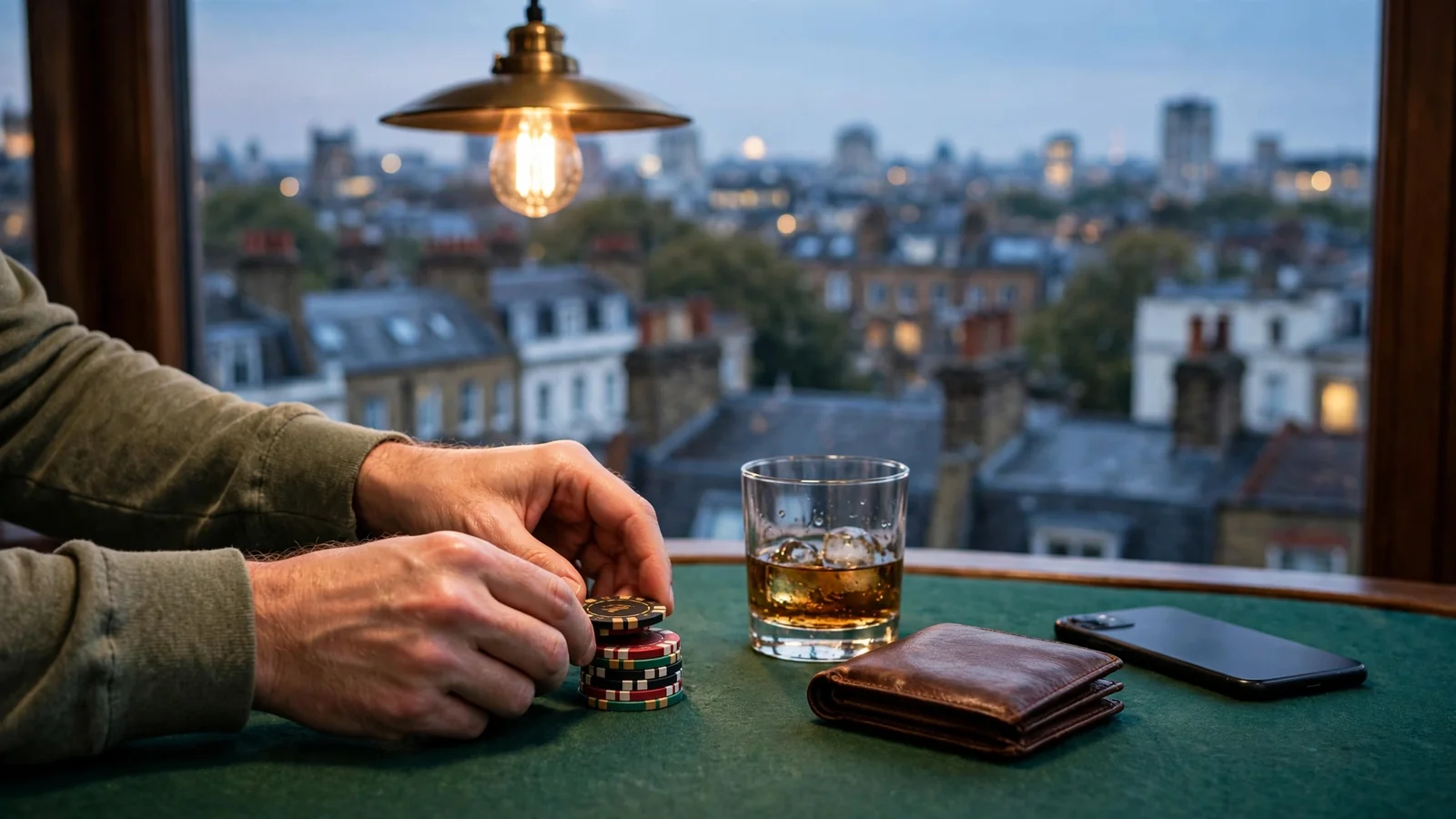 Hands with chips and a phone at a casino-style table, London skyline at dusk.