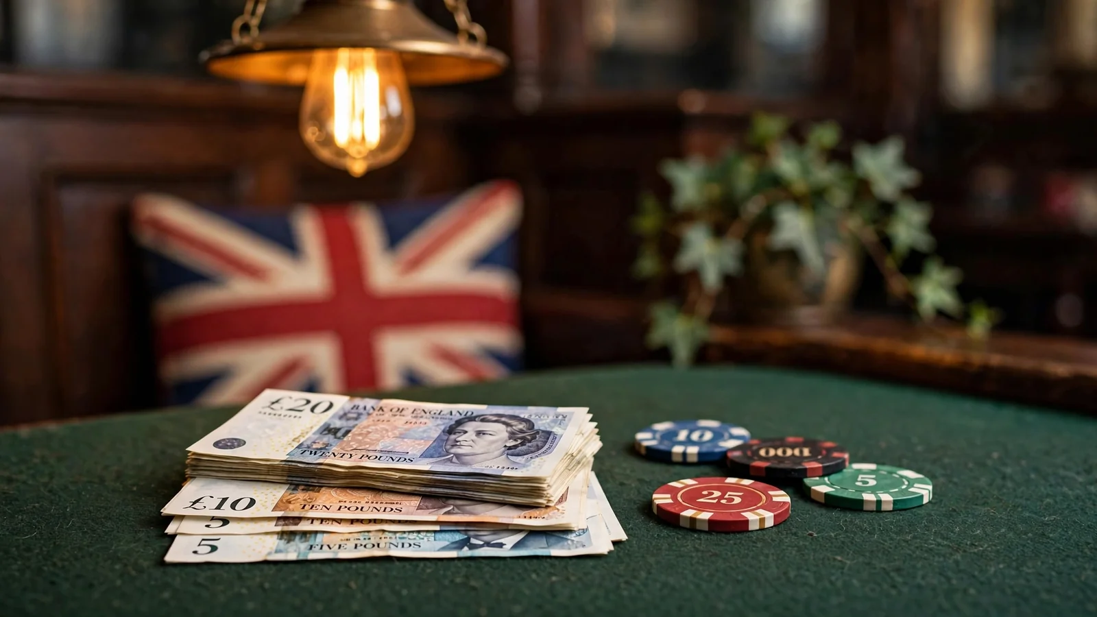 Pound notes and casino chips on a pub table with warm lighting.