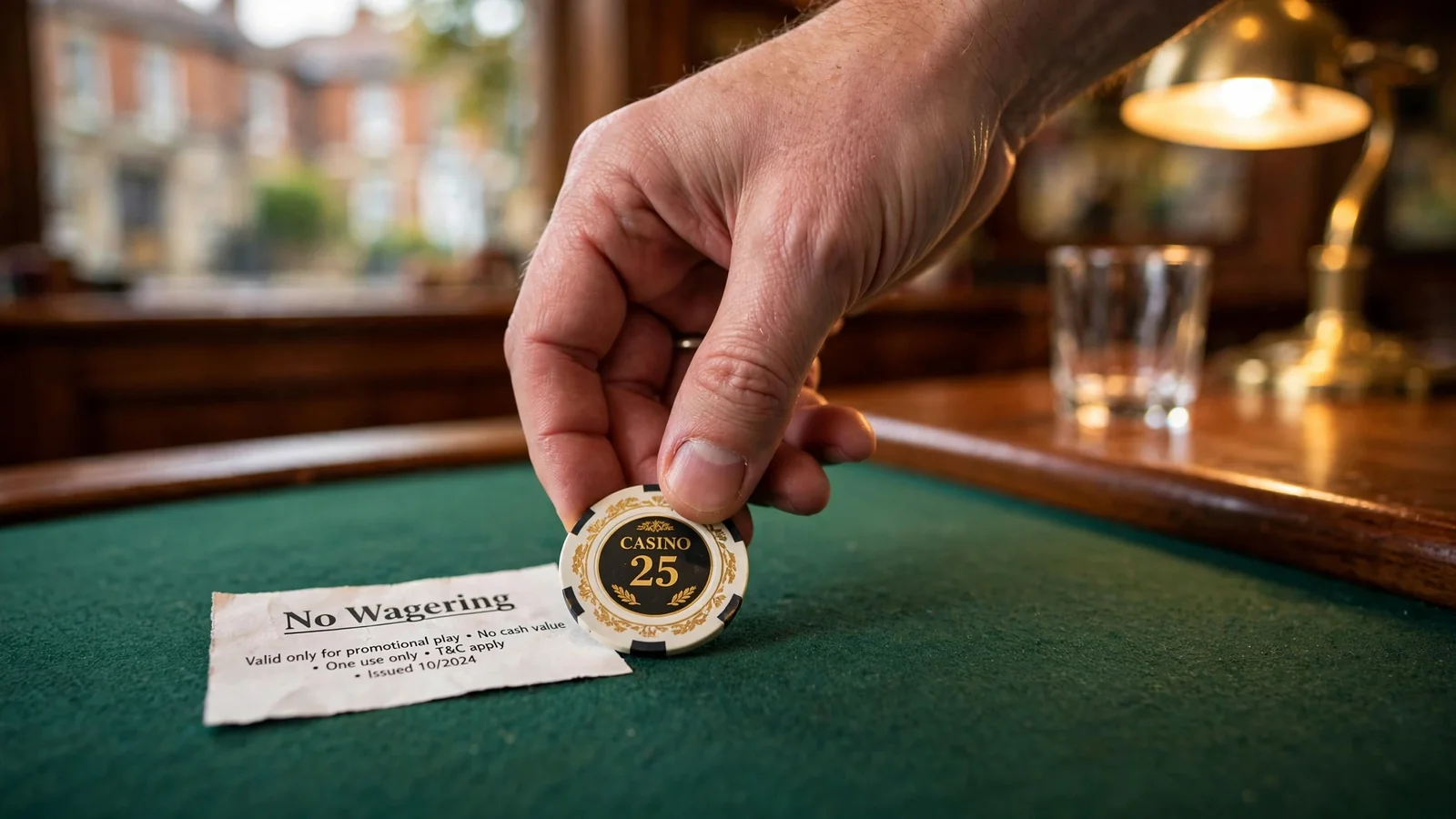 Hand placing a chip beside a no-wagering voucher on a green casino table