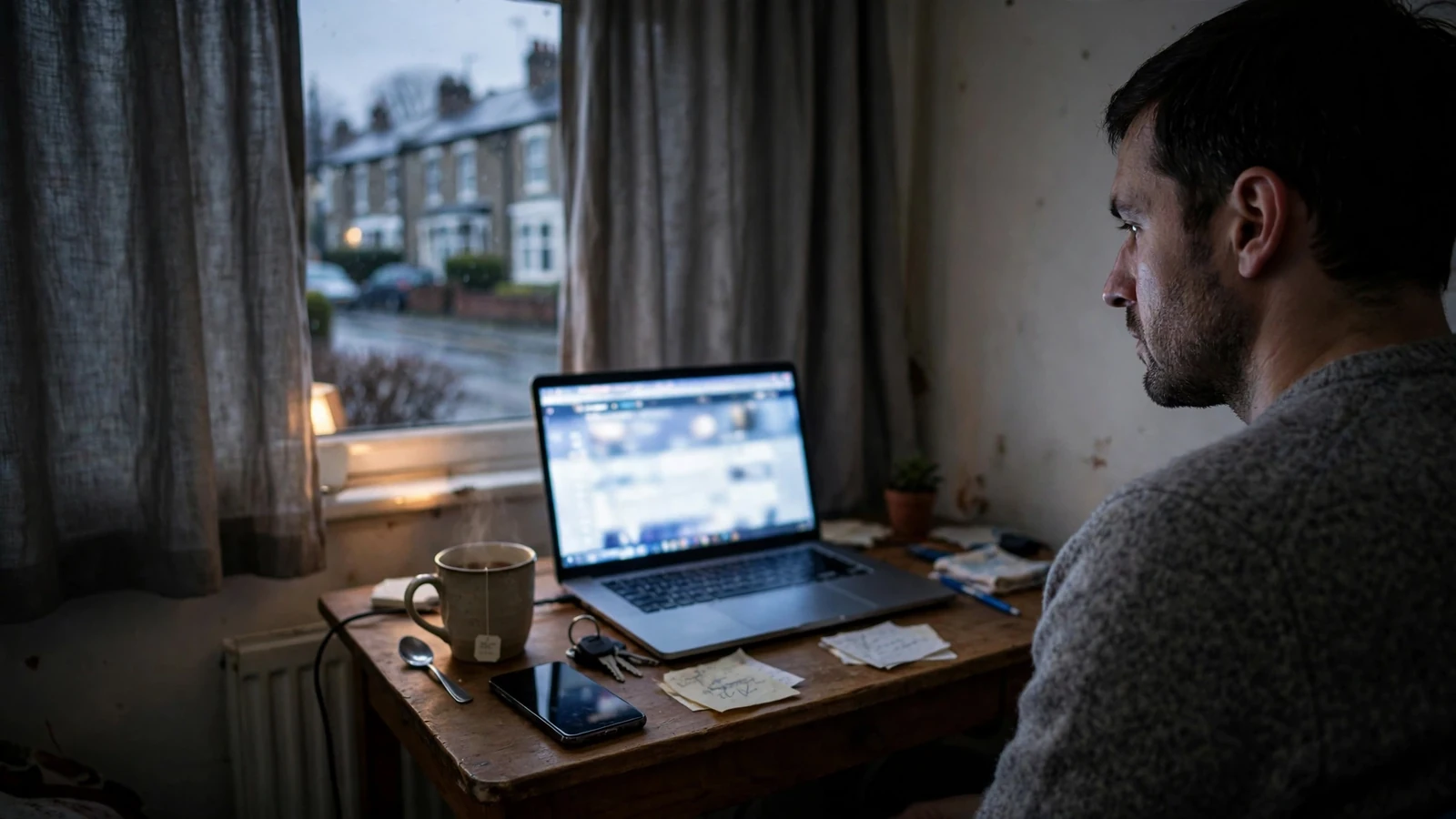 Person at a desk with a laptop and face-down phone in a UK flat at dusk.