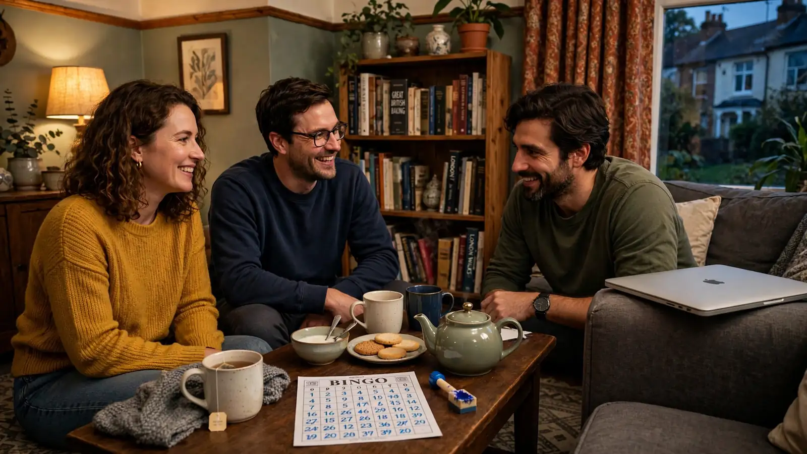 Friends enjoying a British bingo night at home with tickets, dauber, and tea
