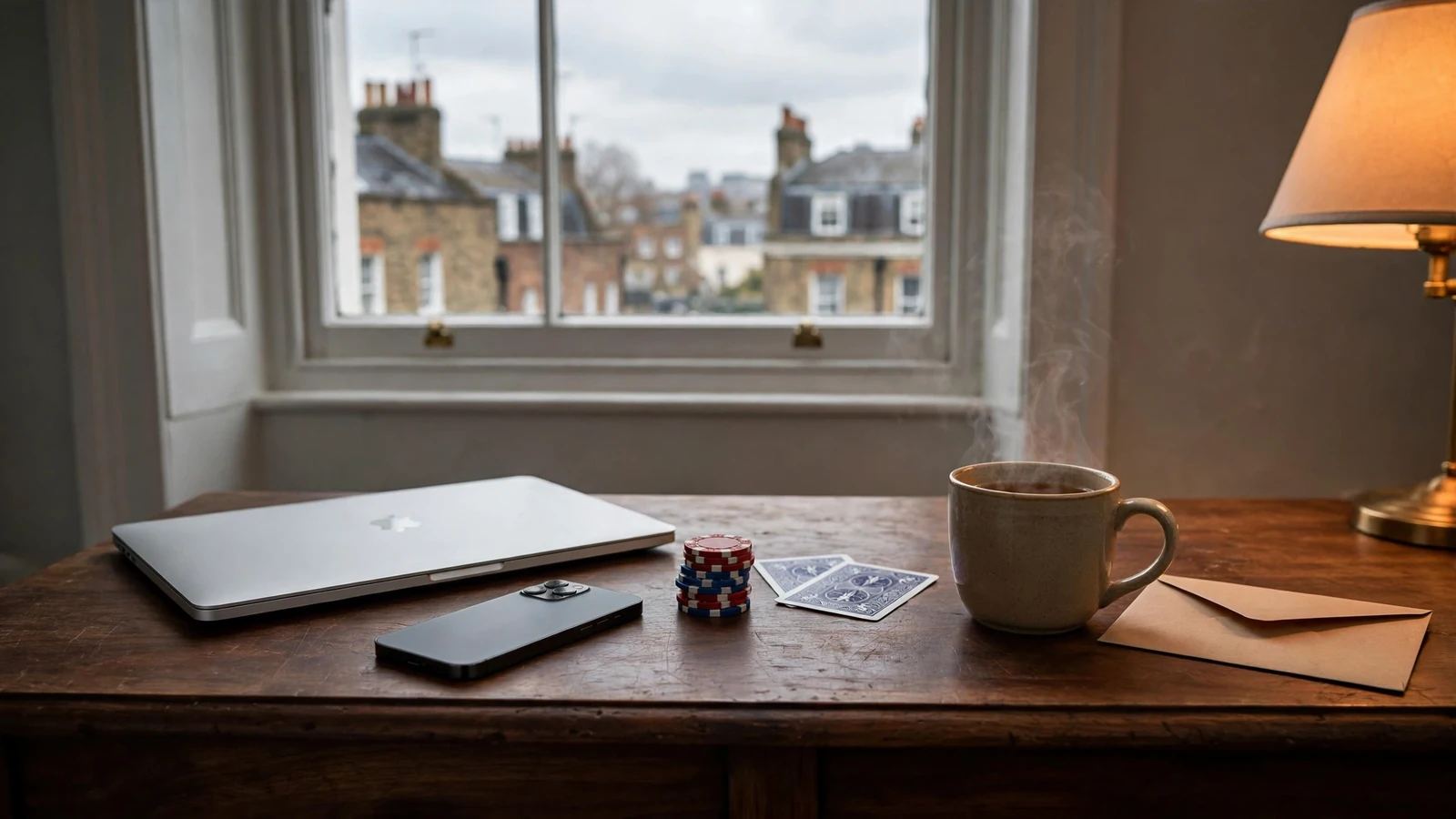 Closed laptop, face-down phone, poker chips, playing cards and tea on a British side table, no screens visible.