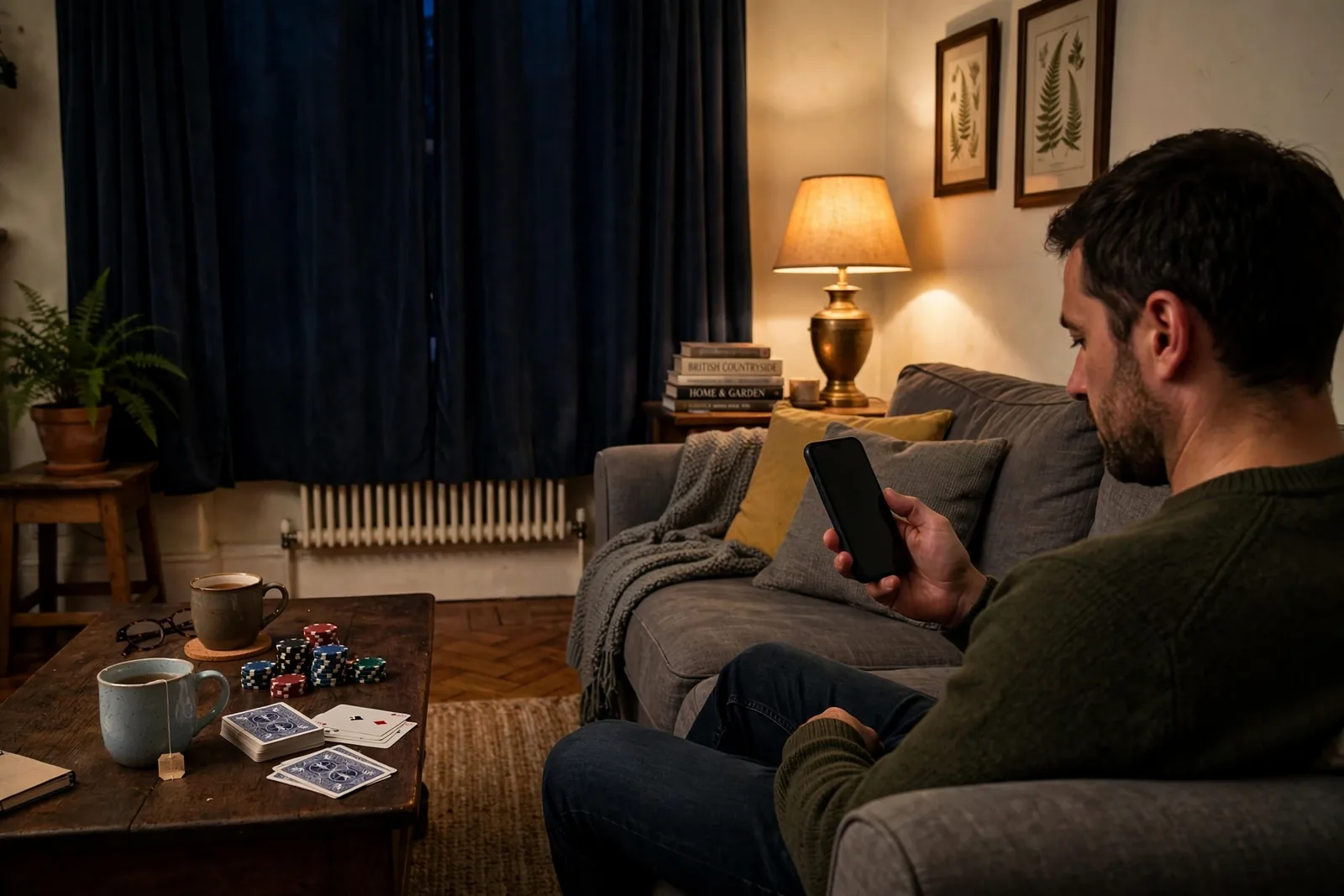 Person on sofa with phone at night, cards and chips nearby.