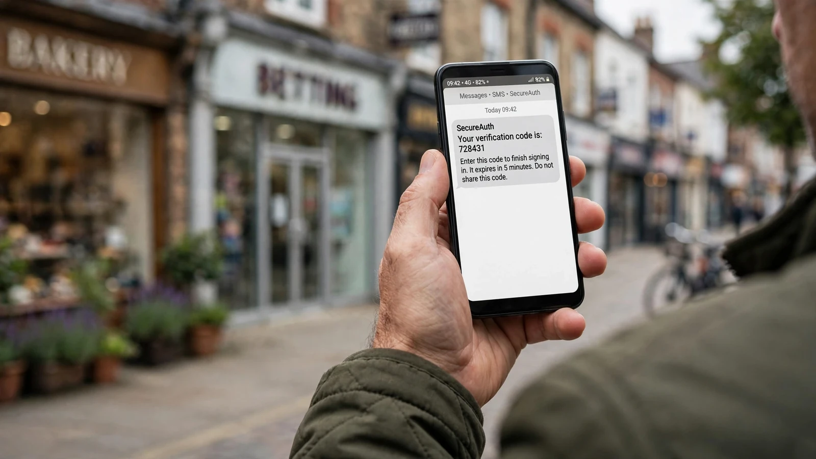 Hand holding smartphone showing Payforit SMS code on a British high street near a betting shop.