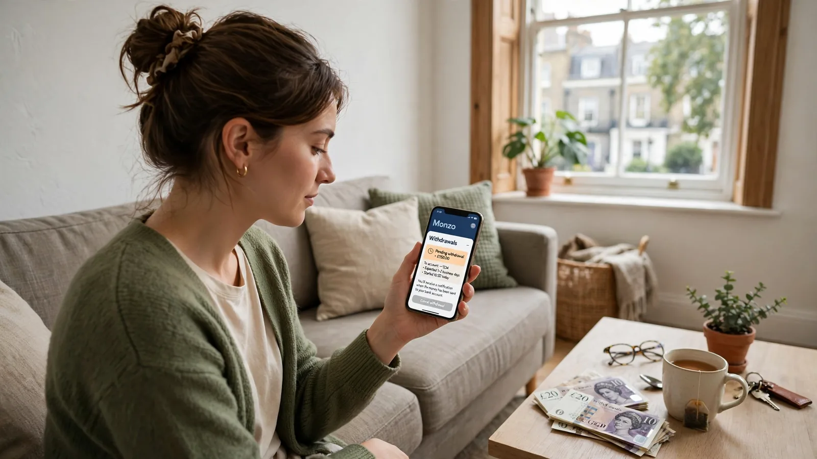 Woman checking pending withdrawal on phone at home in the UK.