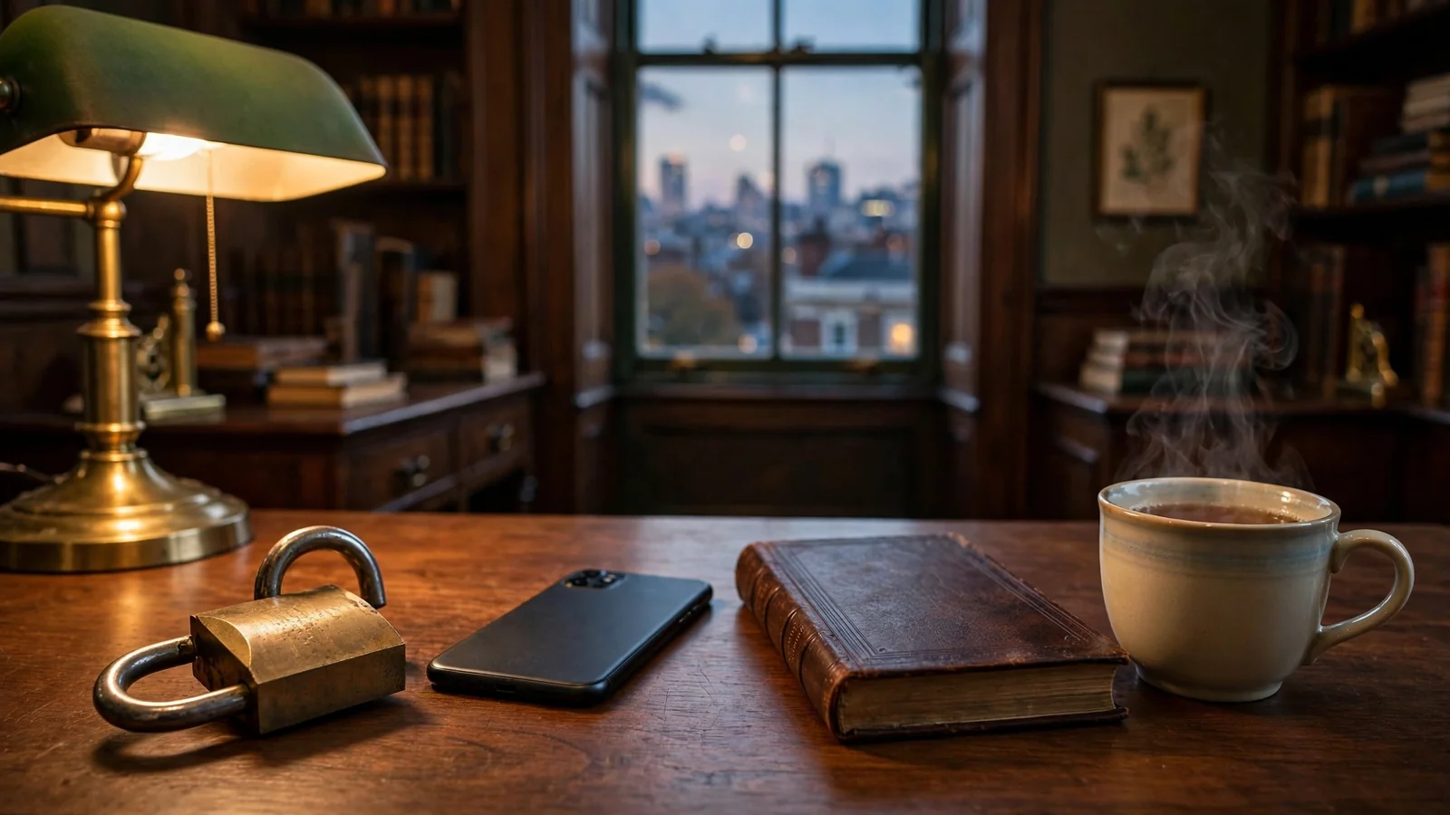 Brass padlock and face-down phone on a desk in a British study overlooking London at dusk