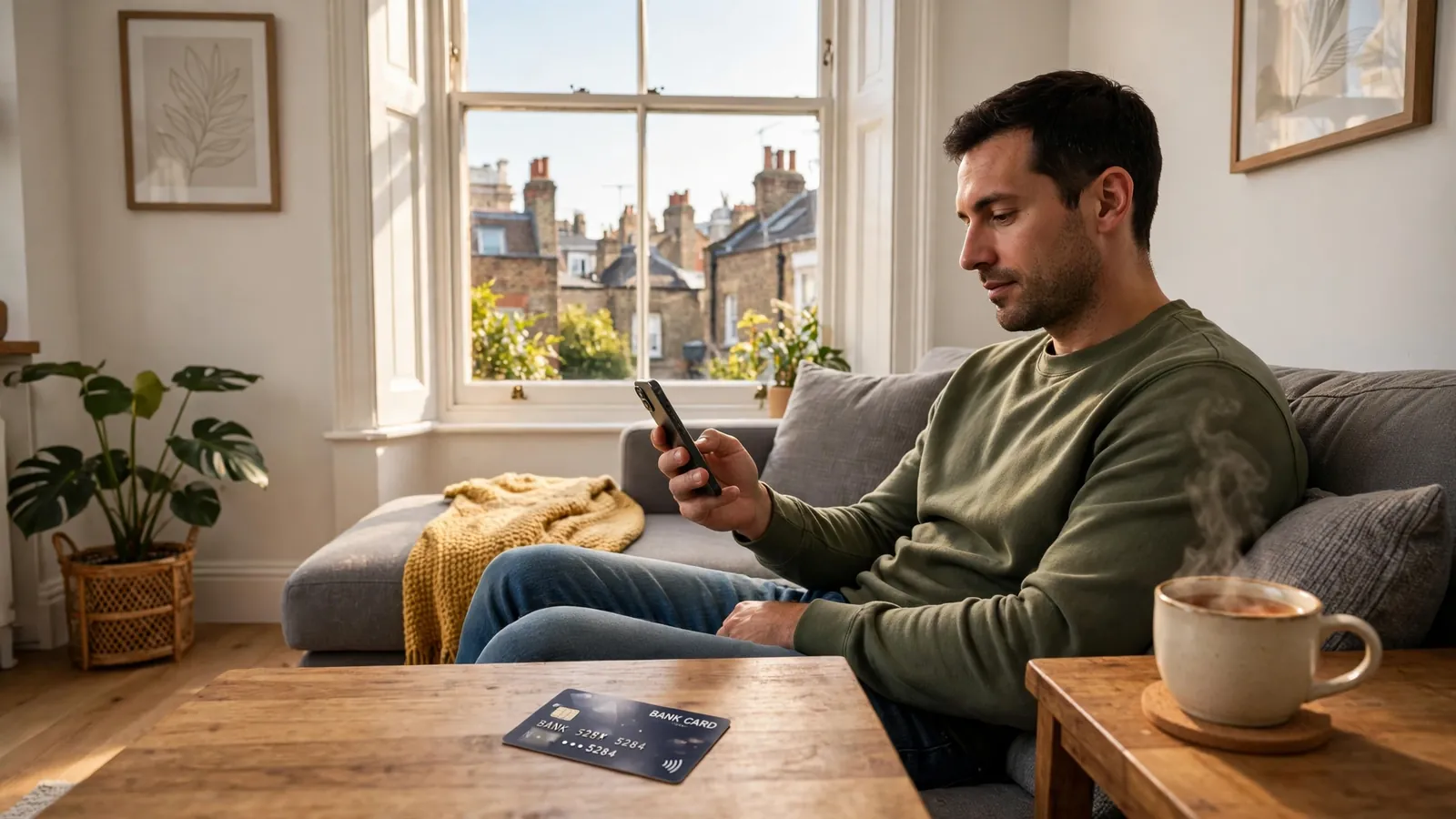 Person in London flat checking smartphone after receiving a same-day casino payout