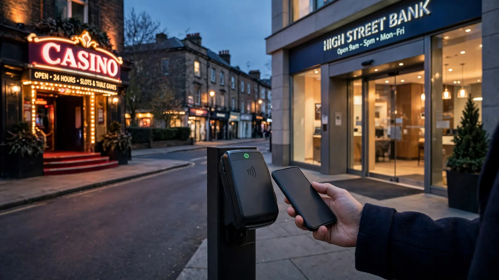 British bank exterior opposite a casino entrance, person holding a smartphone for a contactless payment.