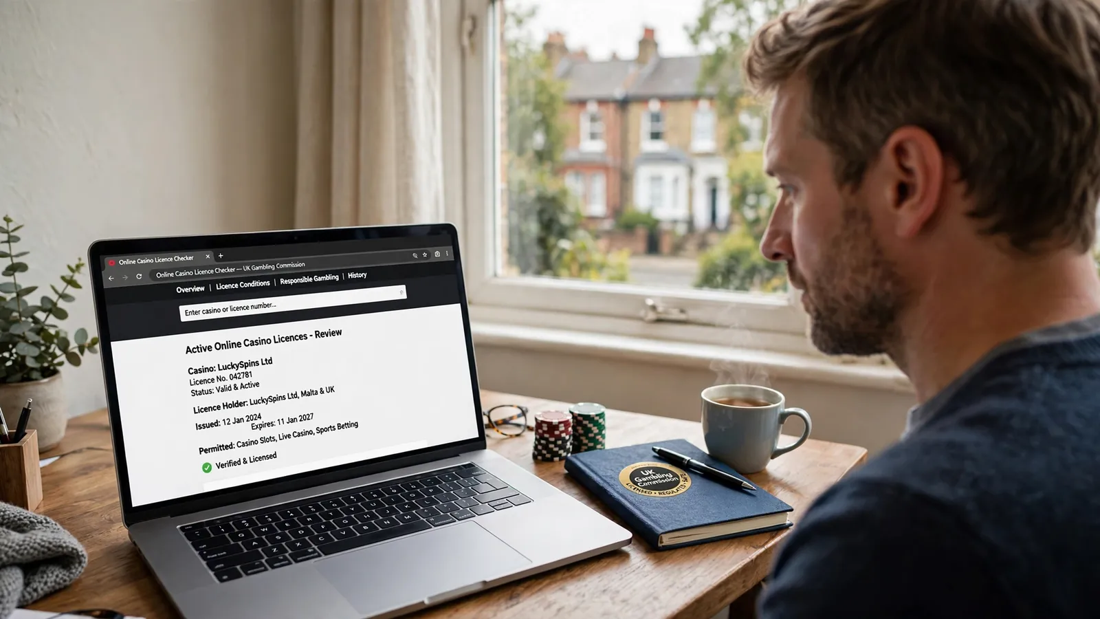 Player at UK home desk comparing TRX casino licences with notebook, chips and tea