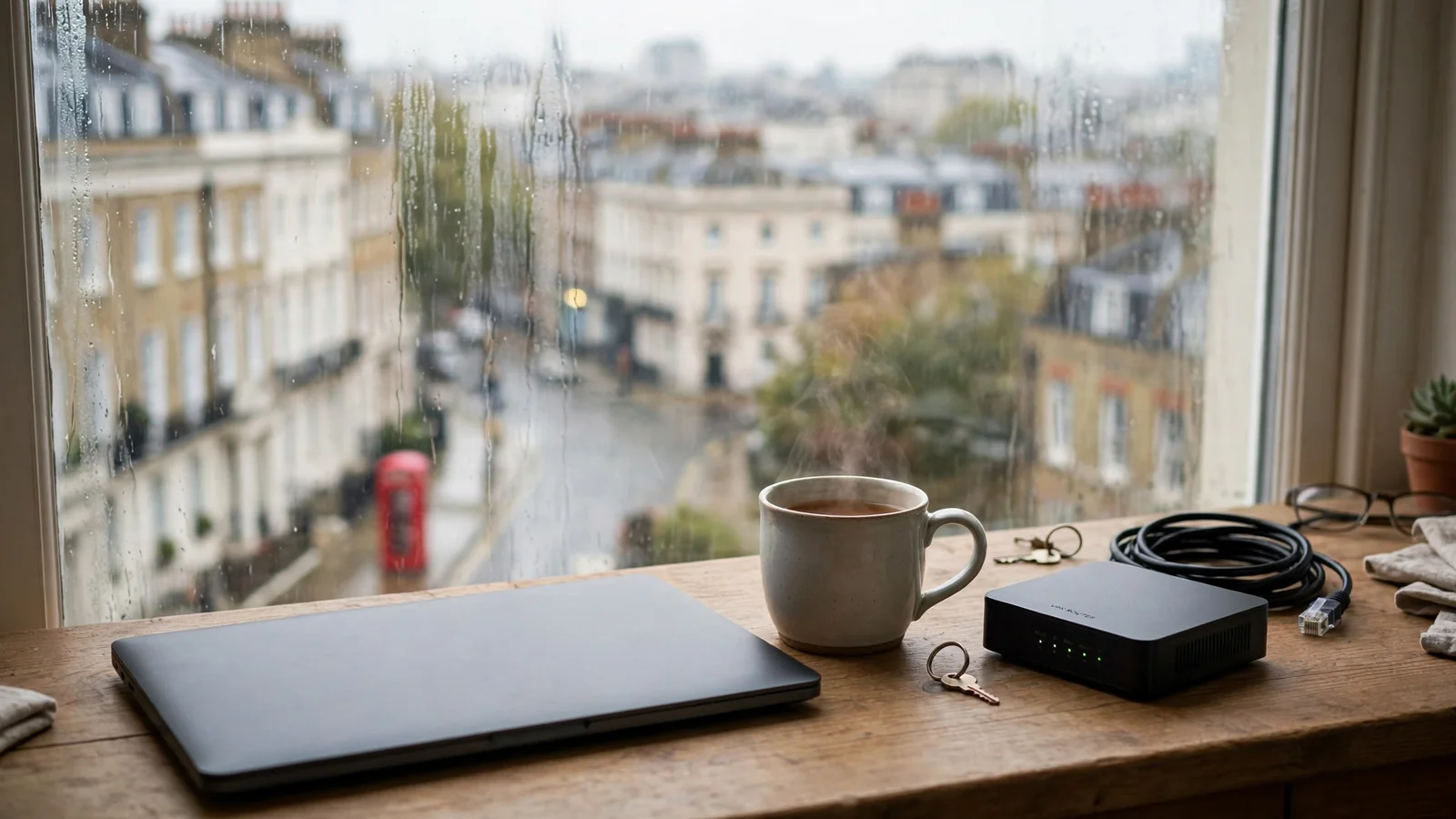 Laptop on a desk with VPN router, mug of tea, and rainy London skyline through the window.